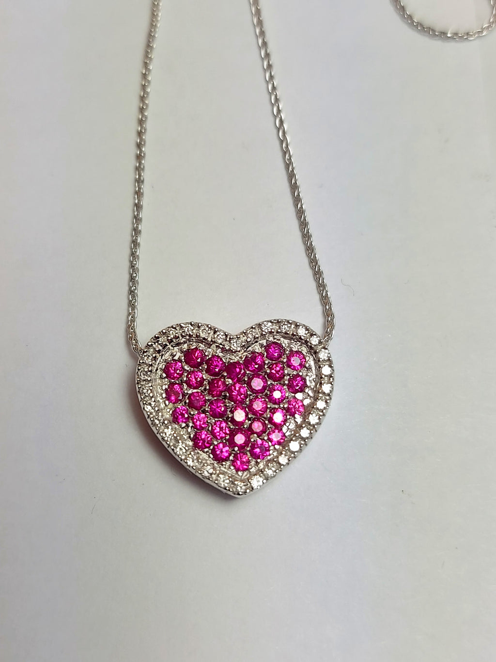 14k Real Solid White Gold Heart Necklace with Natural Diamonds and Ruby stones for women