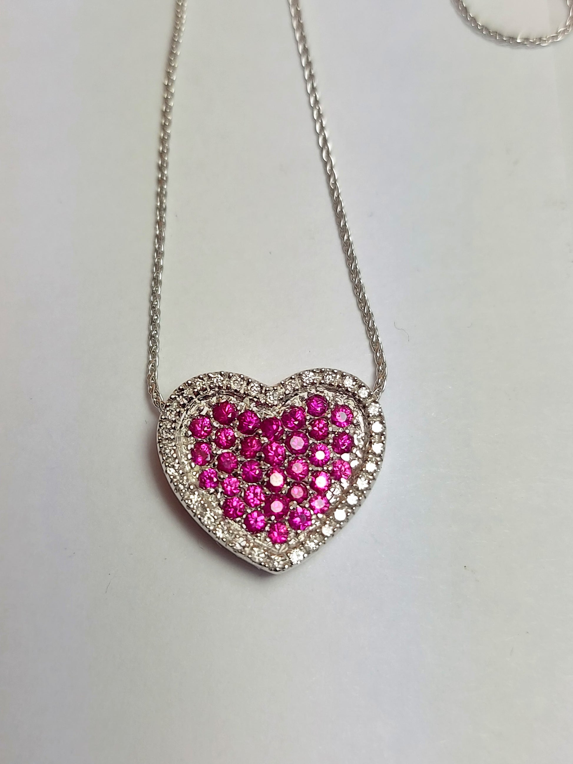 14k Real Solid White Gold Heart Necklace with Natural Diamonds and Ruby stones for women