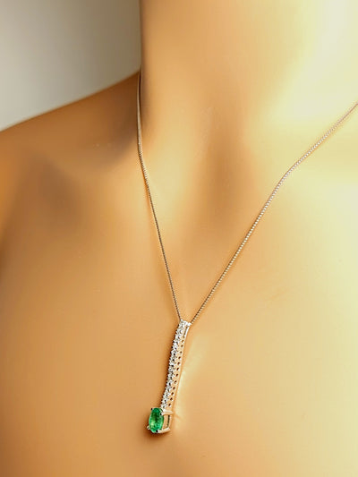 14k Real Solid Gold Necklace with Natural high quality Oval Emerald and Diamonds for women