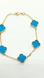 Bracelet Trèfle Feuille Bleue Cyan Or 10 carats
