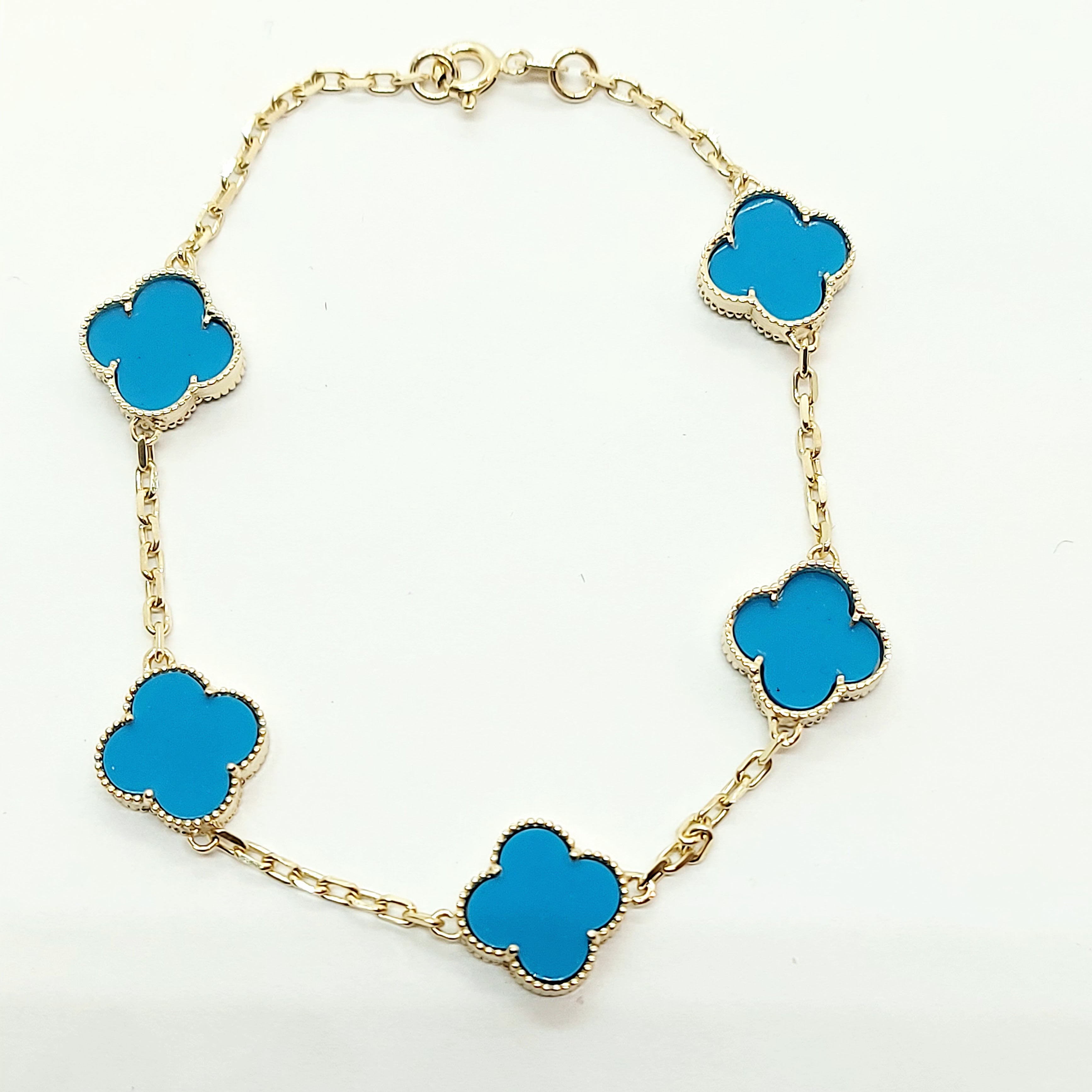Bracelet Trèfle Feuille Bleue Cyan Or 10 carats
