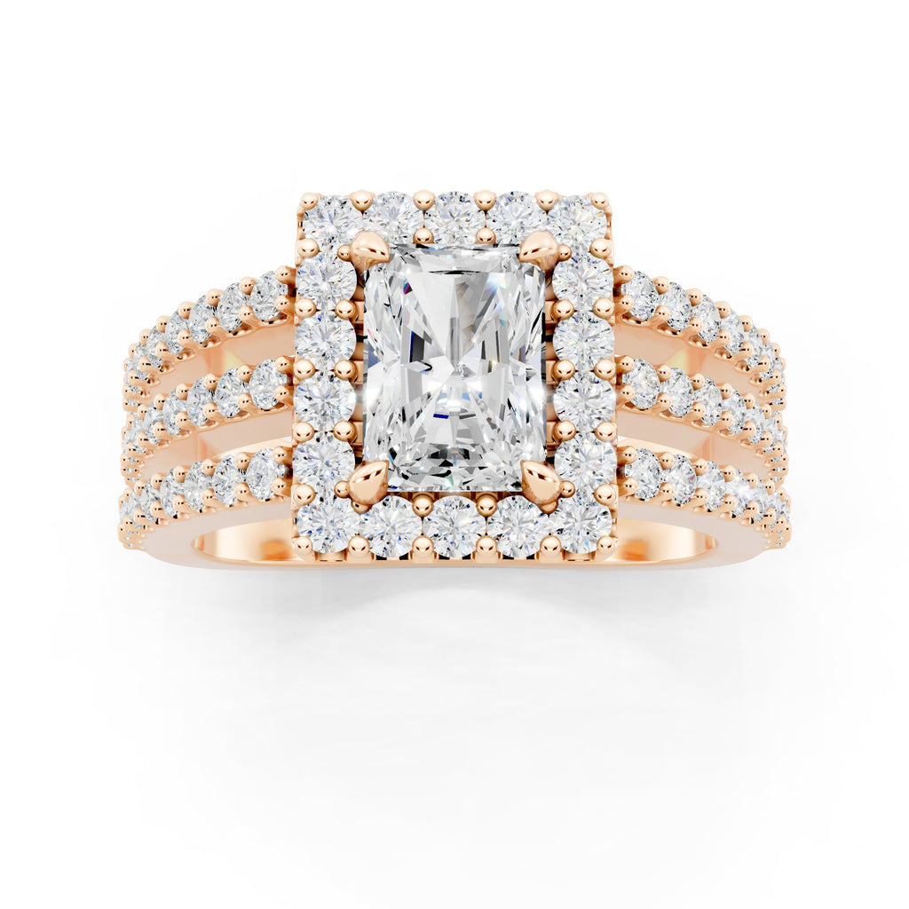 Customizable 3 row band with 1ct Halo center Radiant cut Lab Diamond