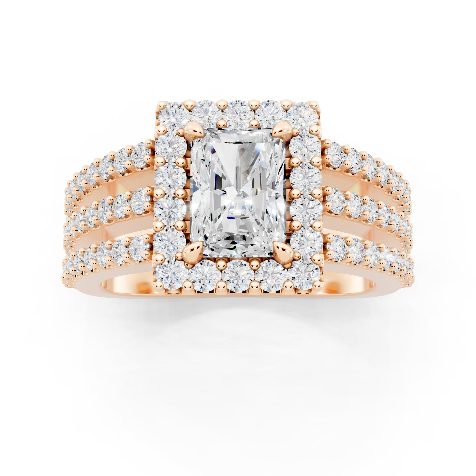 Customizable 3 row band with 1ct Halo center Radiant cut Lab Diamond