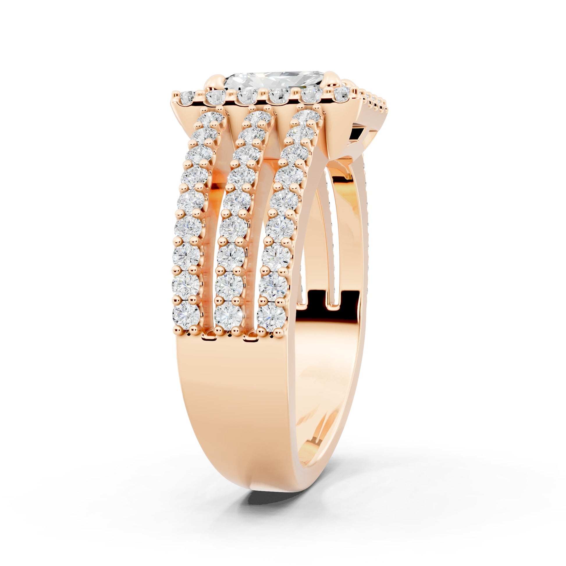 Customizable 3 row band with 1ct Halo center Radiant cut Lab Diamond