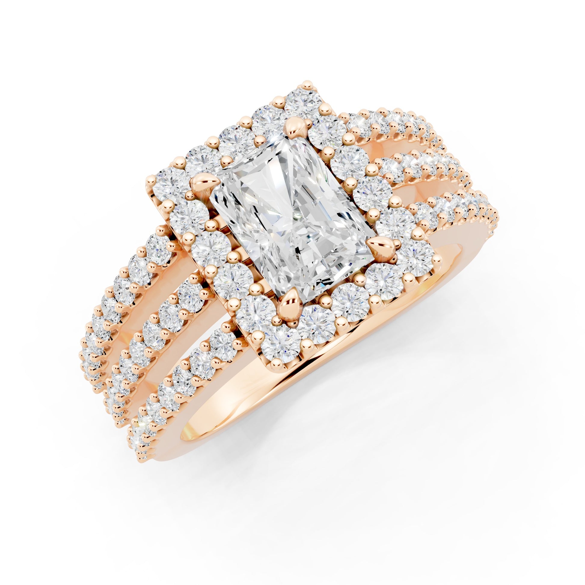 Customizable 3 row band with 1ct Halo center Radiant cut Lab Diamond