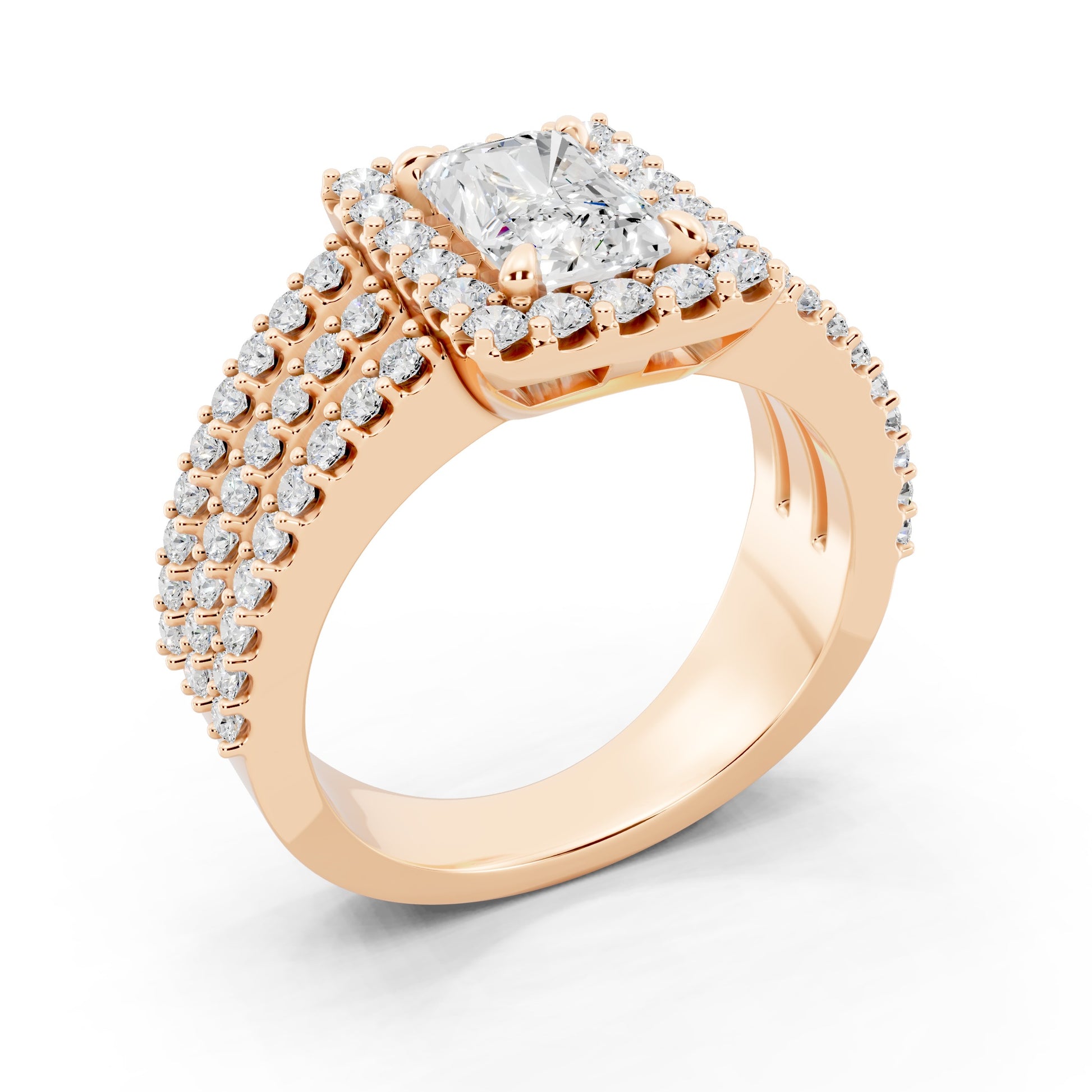 Customizable 3 row band with 1ct Halo center Radiant cut Lab Diamond