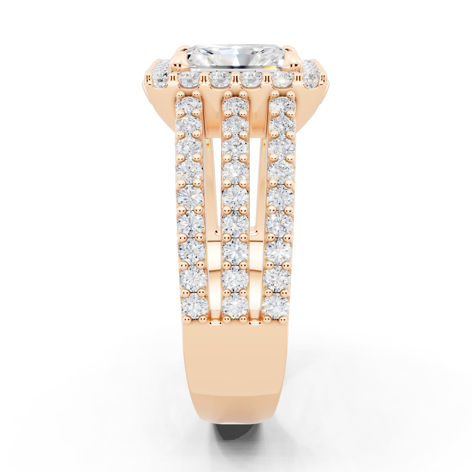 Customizable 3 row band with 1ct Halo center Radiant cut Lab Diamond