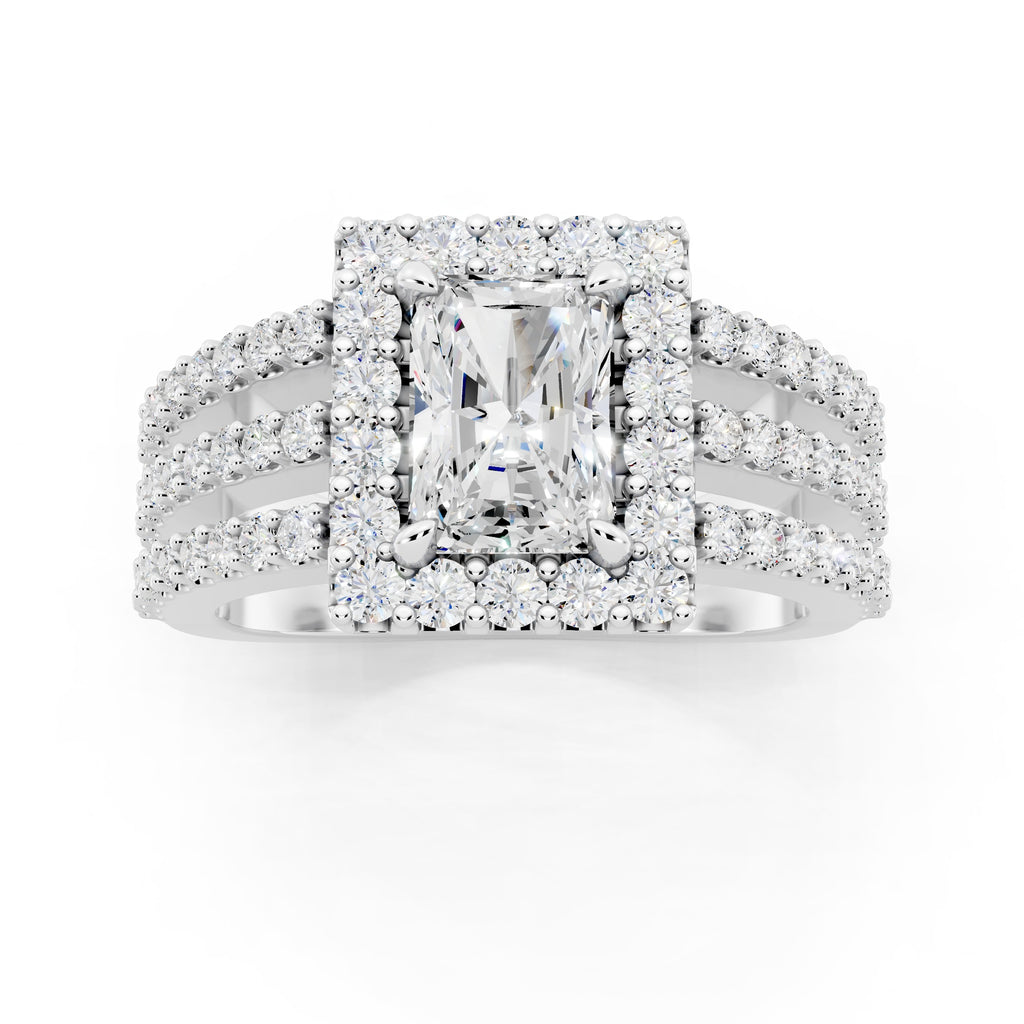 Customizable 3 row band with 1ct Halo center Radiant cut Lab Diamond