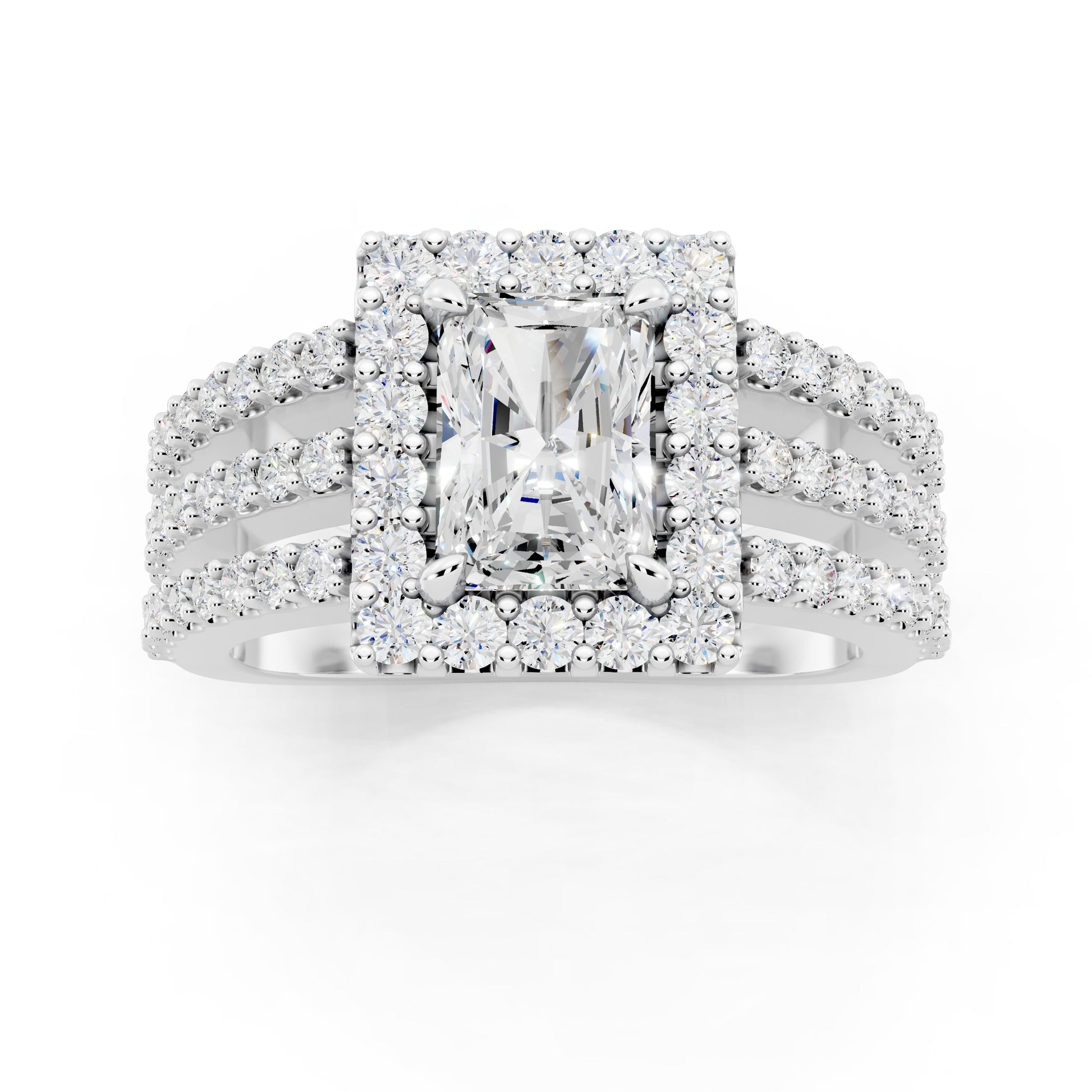 Customizable 3 row band with 1ct Halo center Radiant cut Lab Diamond
