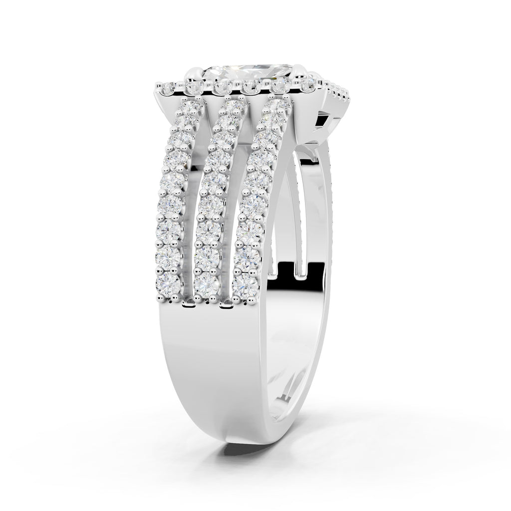 Customizable 3 row band with 1ct Halo center Radiant cut Lab Diamond