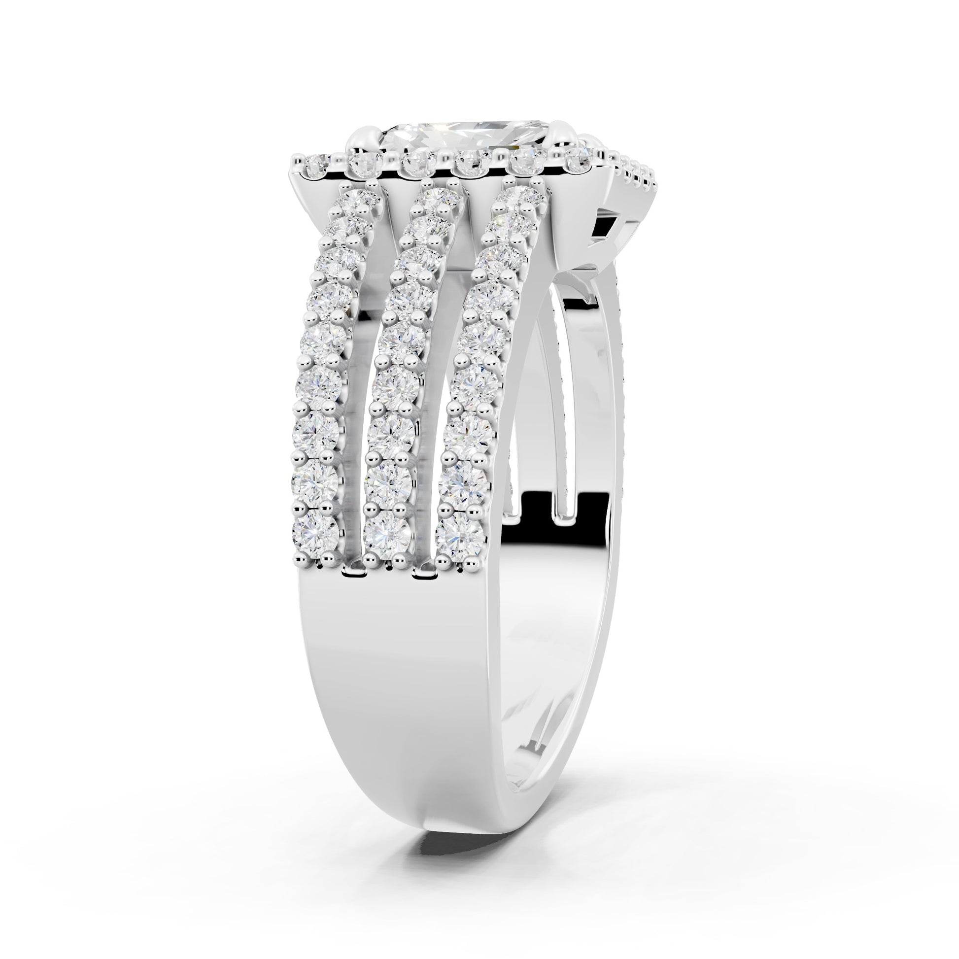 Customizable 3 row band with 1ct Halo center Radiant cut Lab Diamond
