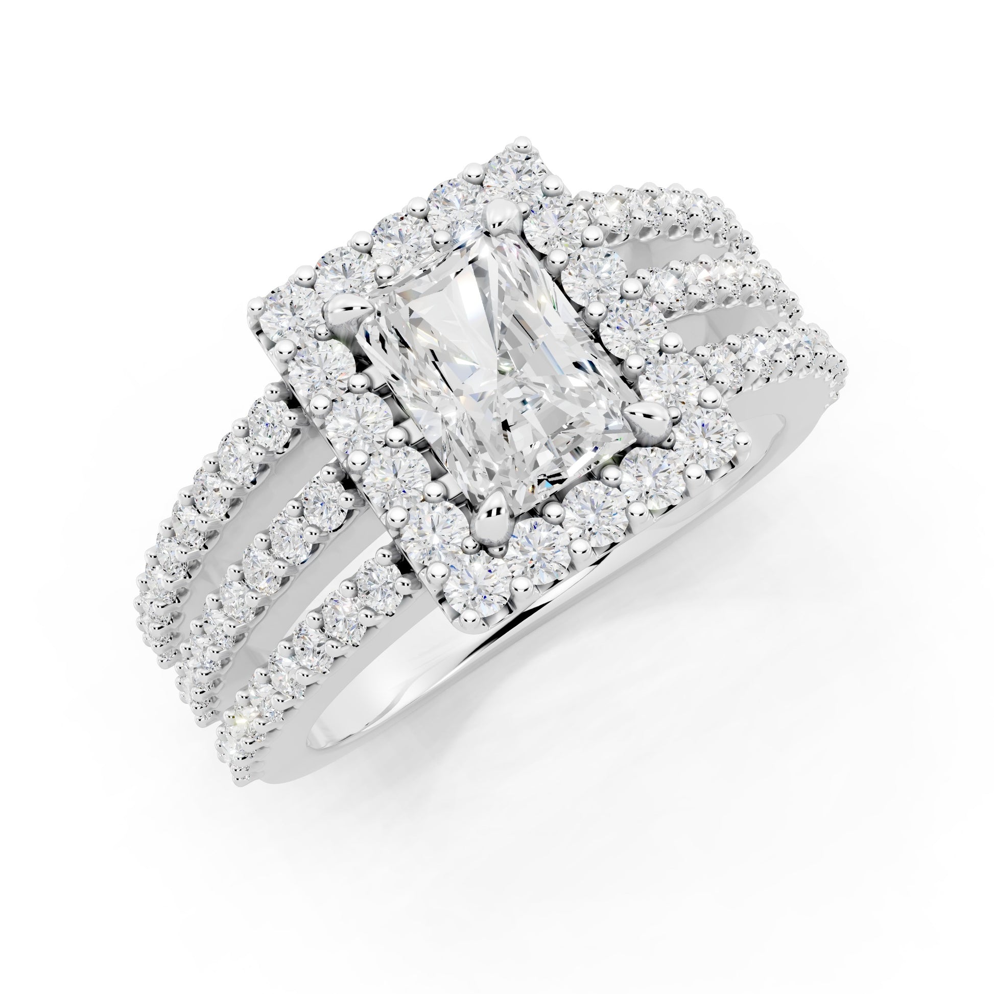 Customizable 3 row band with 1ct Halo center Radiant cut Lab Diamond