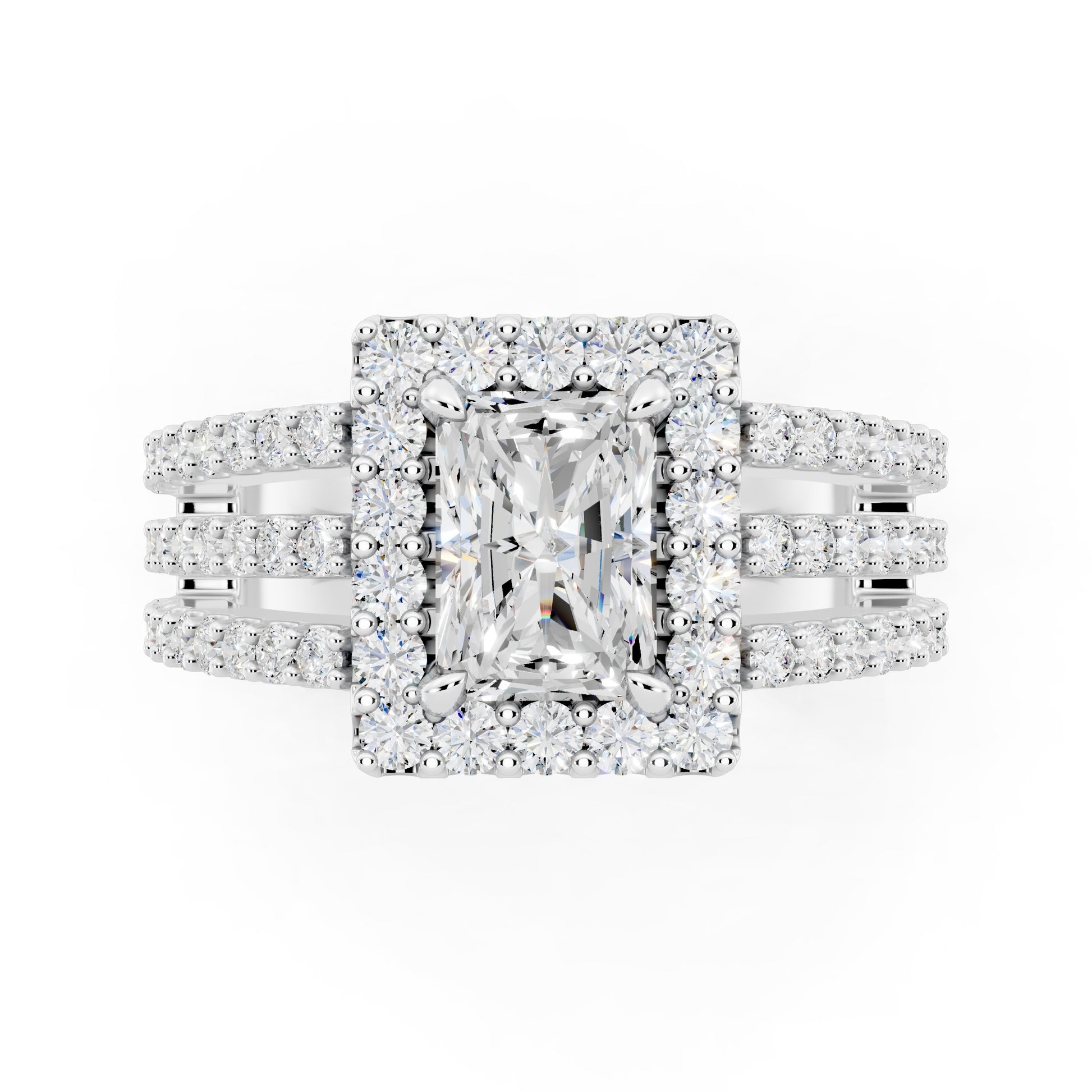 Customizable 3 row band with 1ct Halo center Radiant cut Lab Diamond