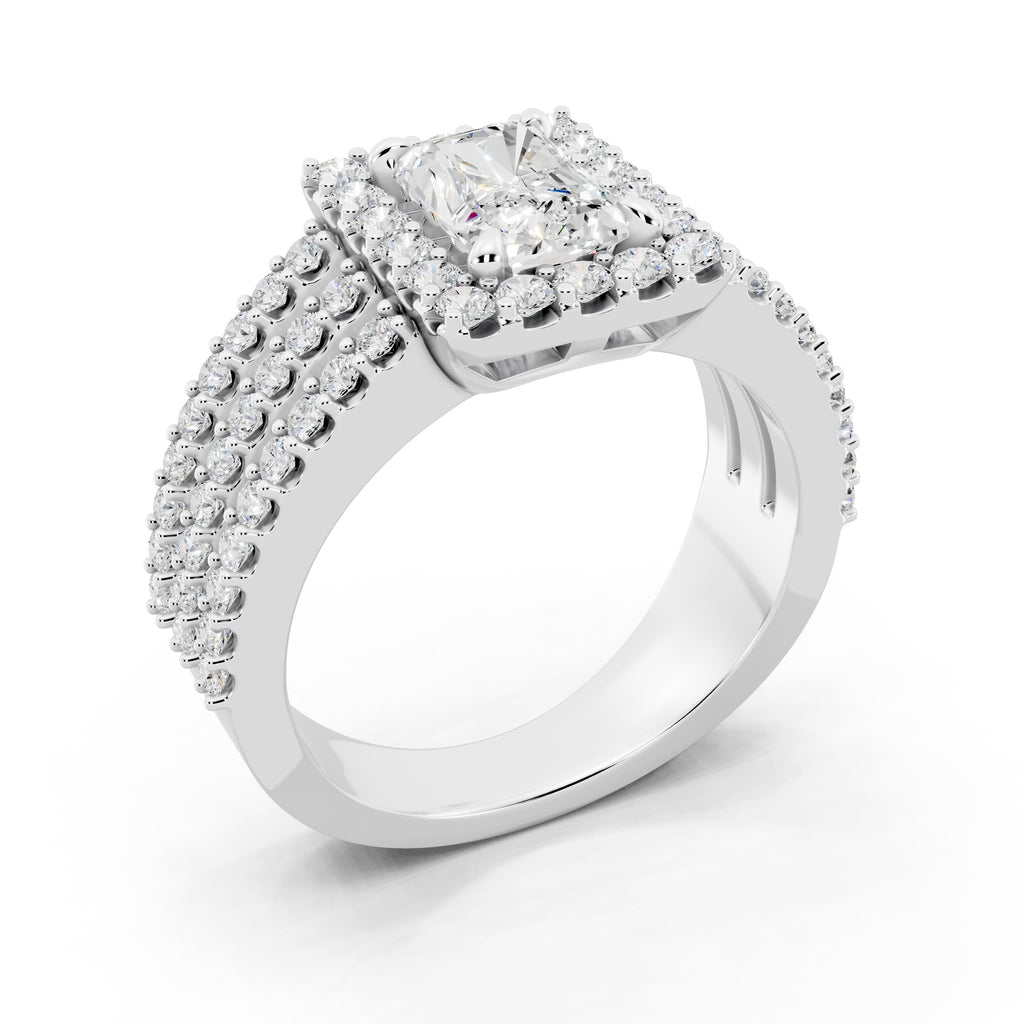 Customizable 3 row band with 1ct Halo center Radiant cut Lab Diamond