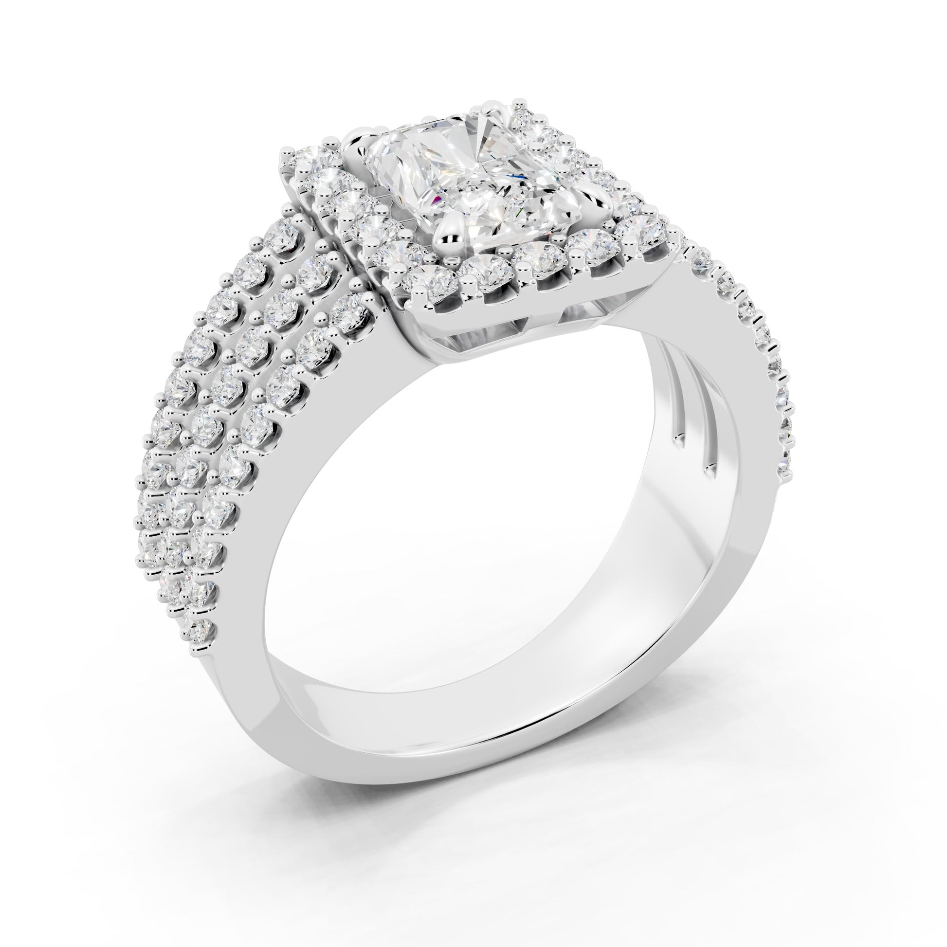 Customizable 3 row band with 1ct Halo center Radiant cut Lab Diamond