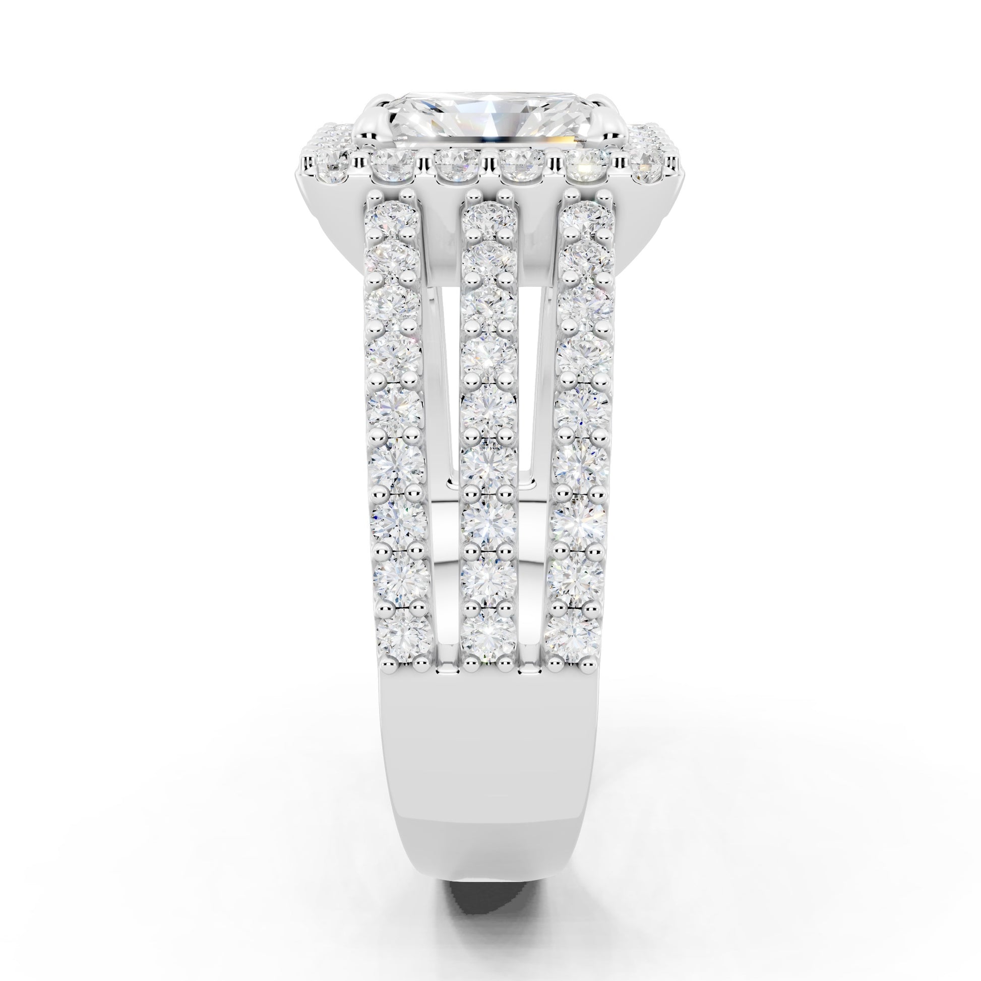 Customizable 3 row band with 1ct Halo center Radiant cut Lab Diamond
