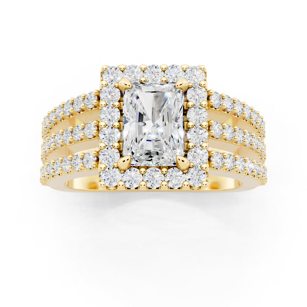 Customizable 3 row band with 1ct Halo center Radiant cut Lab Diamond