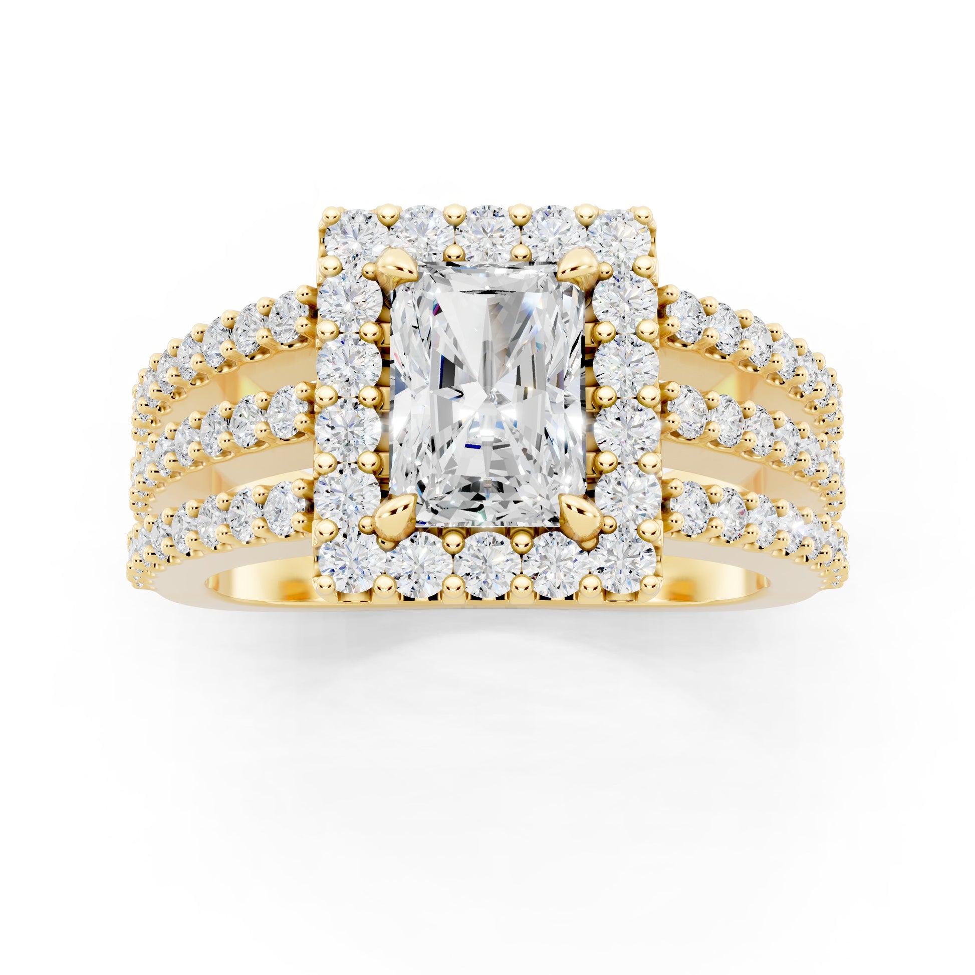 Customizable 3 row band with 1ct Halo center Radiant cut Lab Diamond