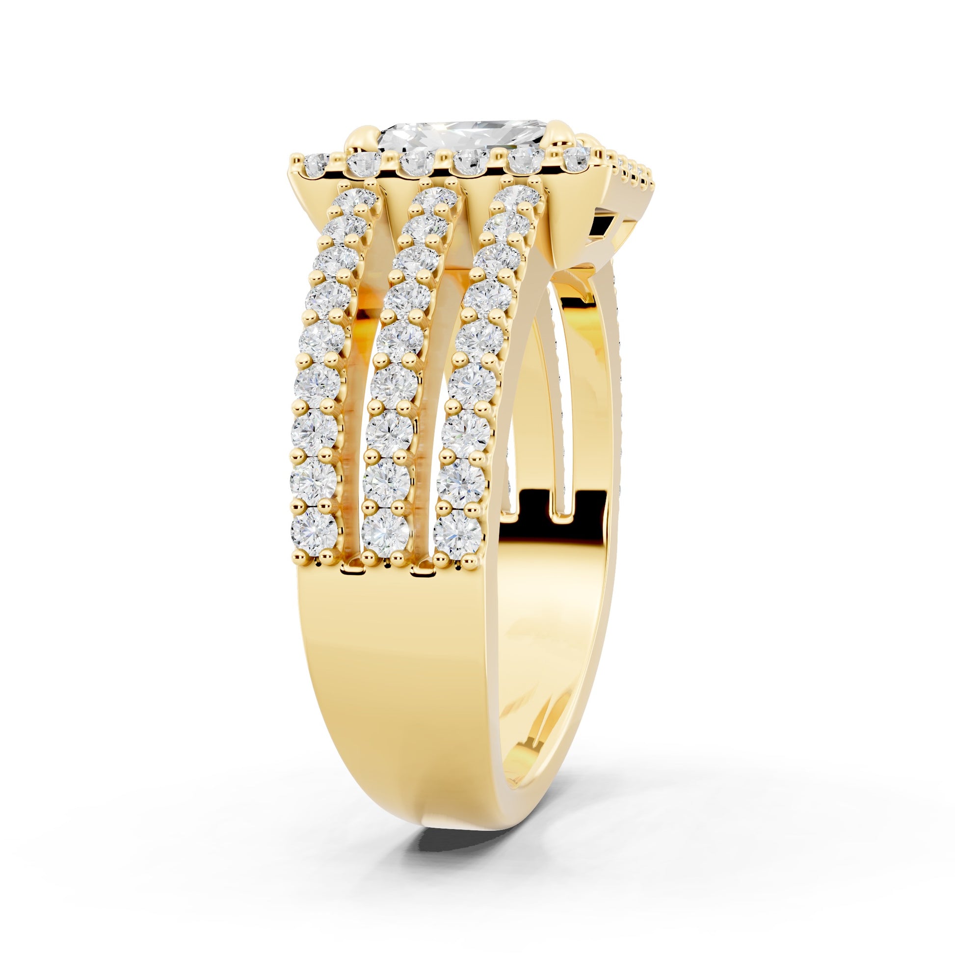 Customizable 3 row band with 1ct Halo center Radiant cut Lab Diamond