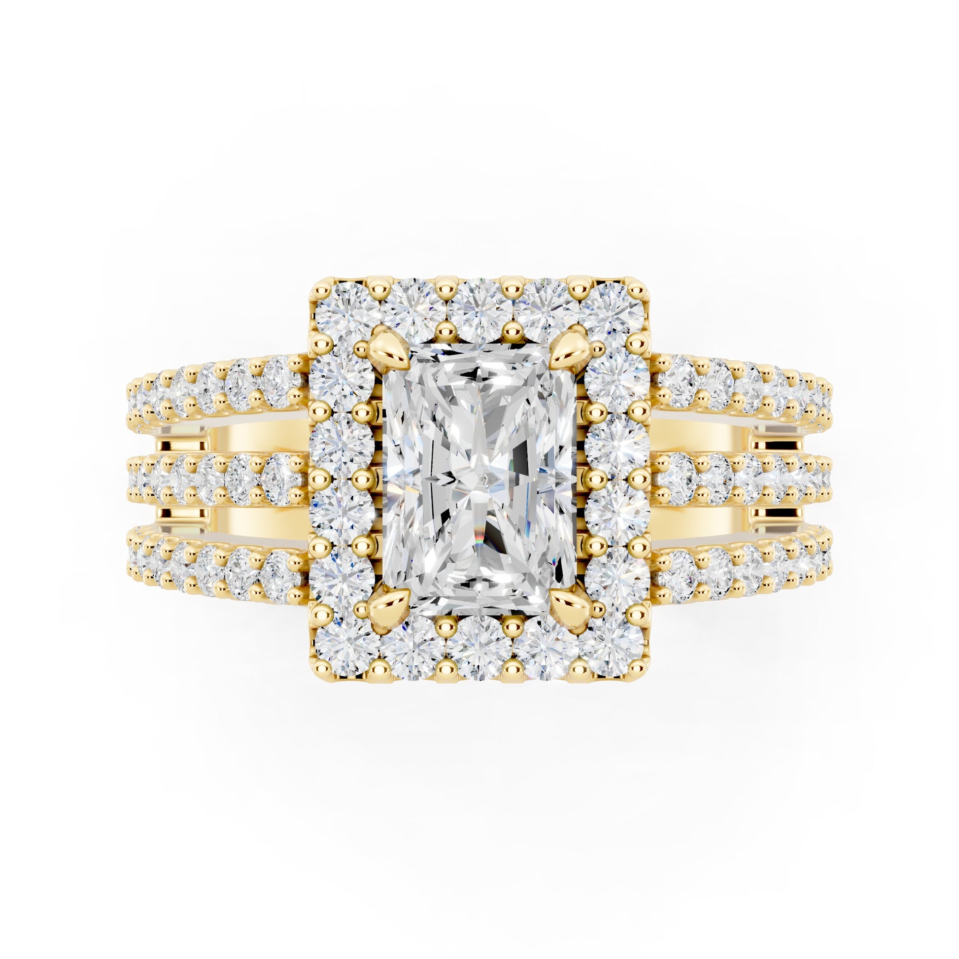 Customizable 3 row band with 1ct Halo center Radiant cut Lab Diamond