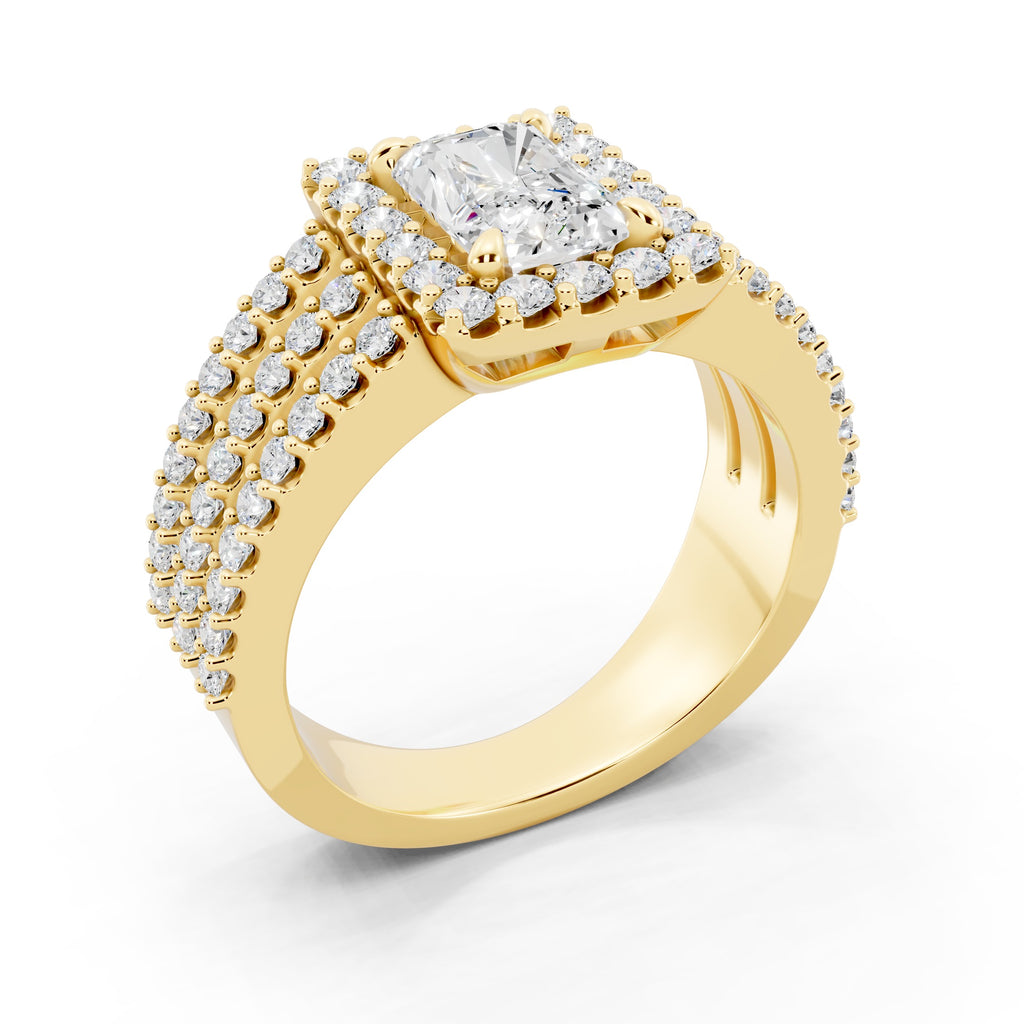 Customizable 3 row band with 1ct Halo center Radiant cut Lab Diamond