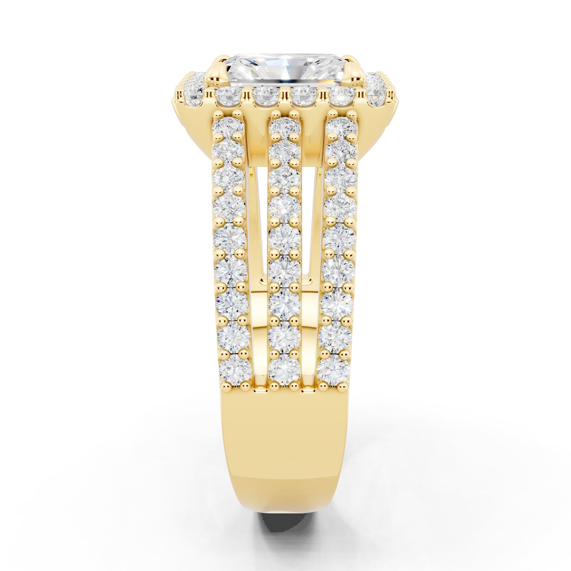 Customizable 3 row band with 1ct Halo center Radiant cut Lab Diamond