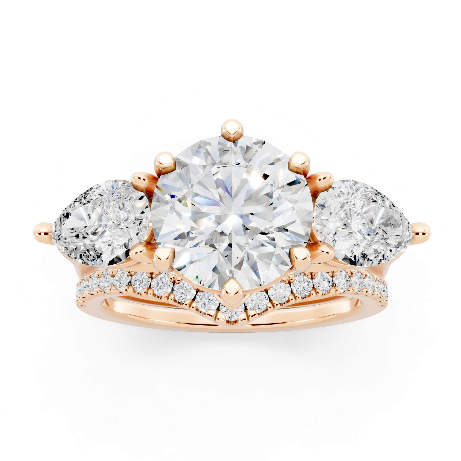 Three stone Ring with Pear shape sides and matching wedding ring.