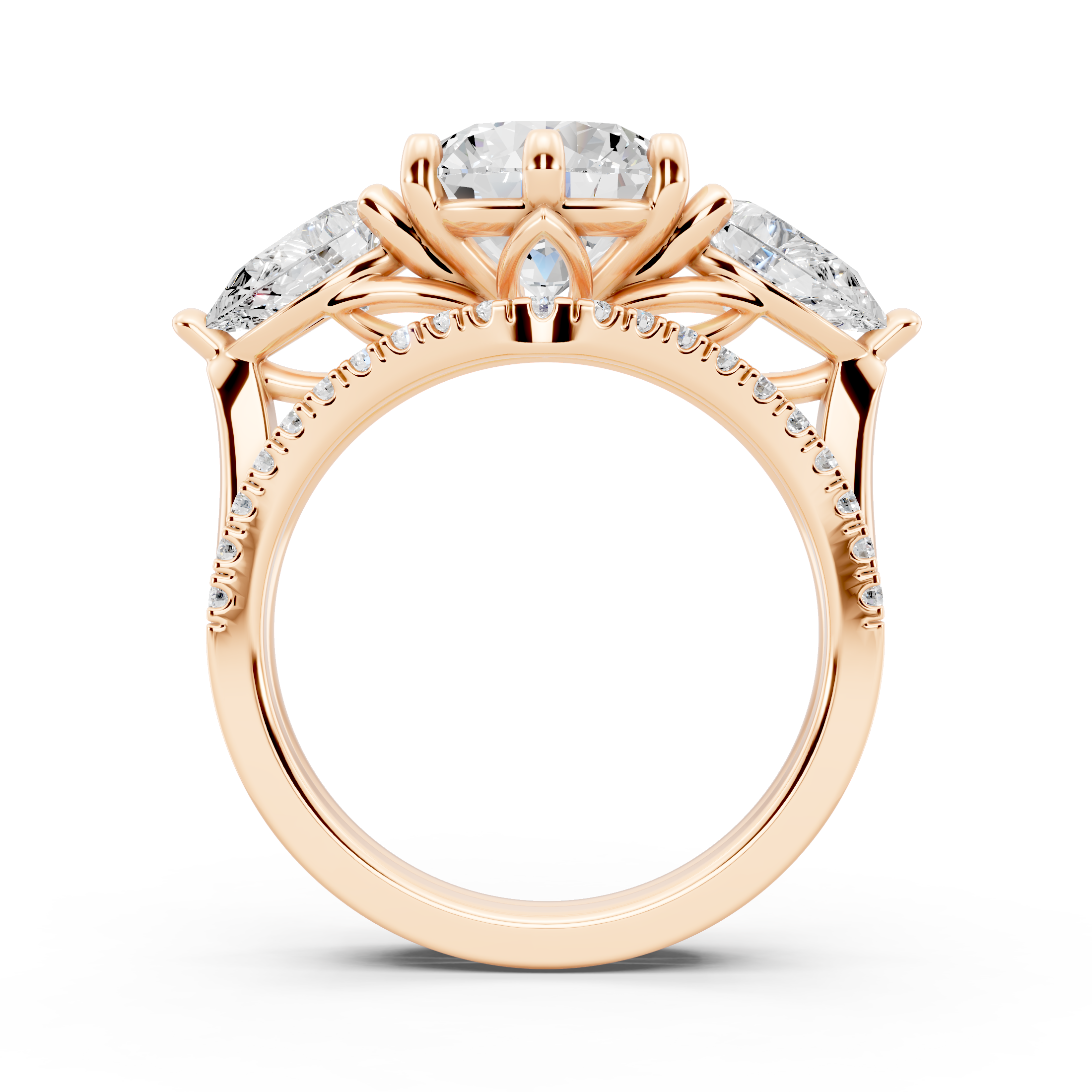 Three stone Ring with Pear shape sides and matching wedding ring.