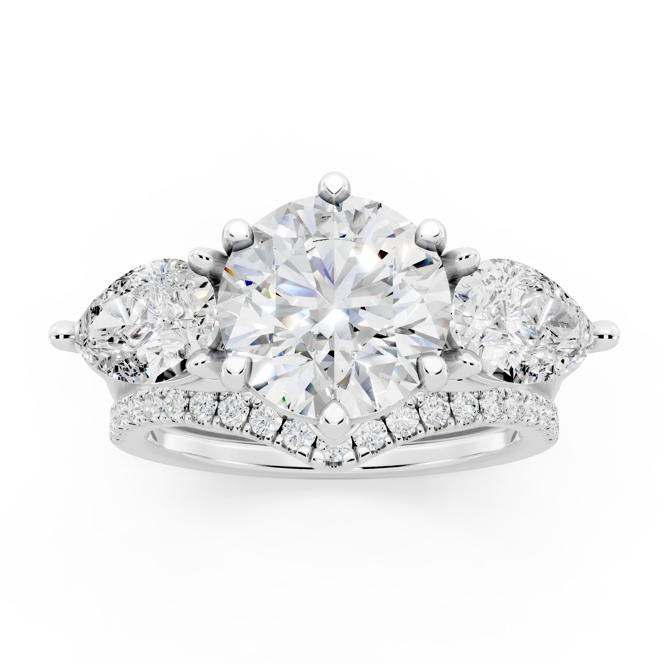 Three stone Ring with Pear shape sides and matching wedding ring.