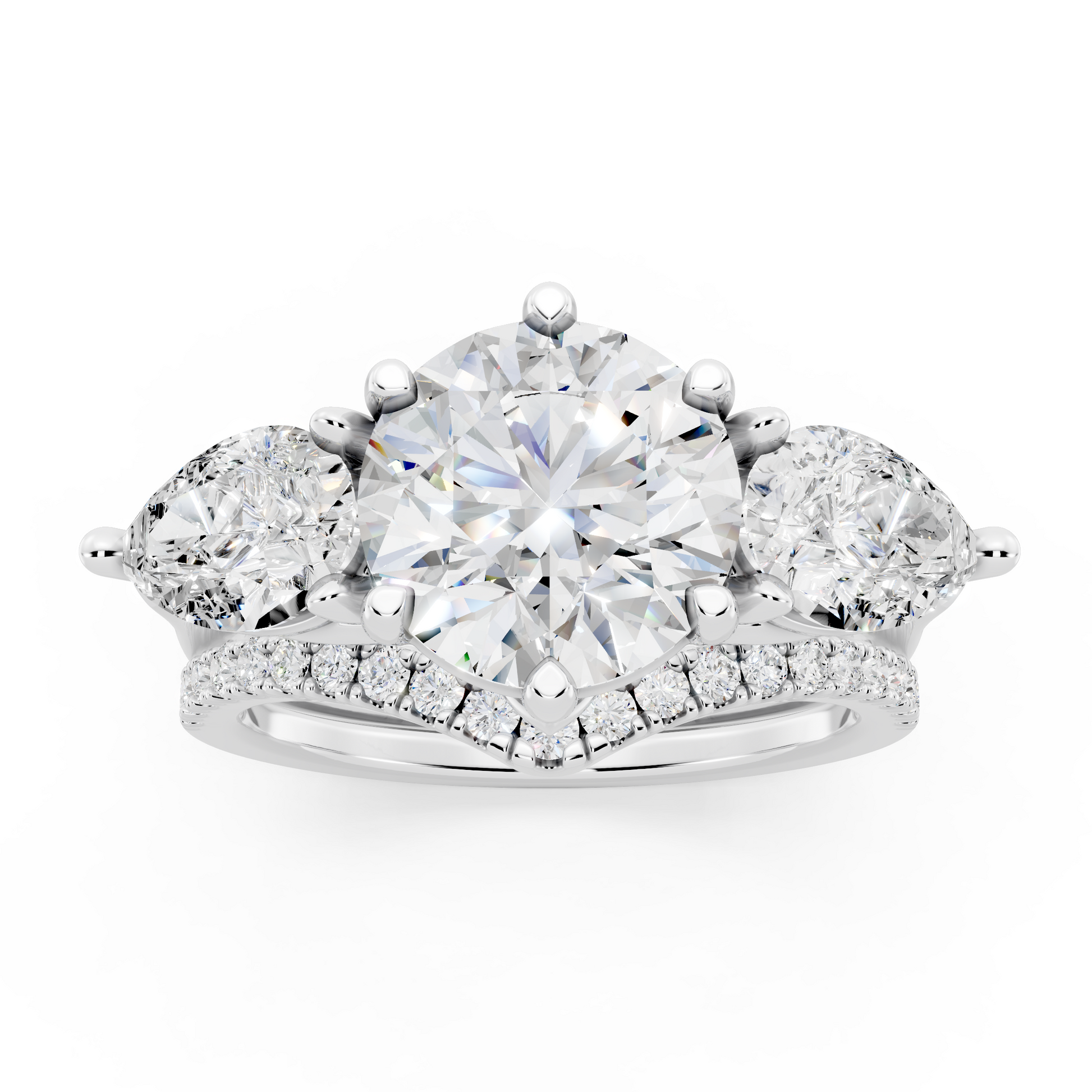 Three stone Ring with Pear shape sides and matching wedding ring.