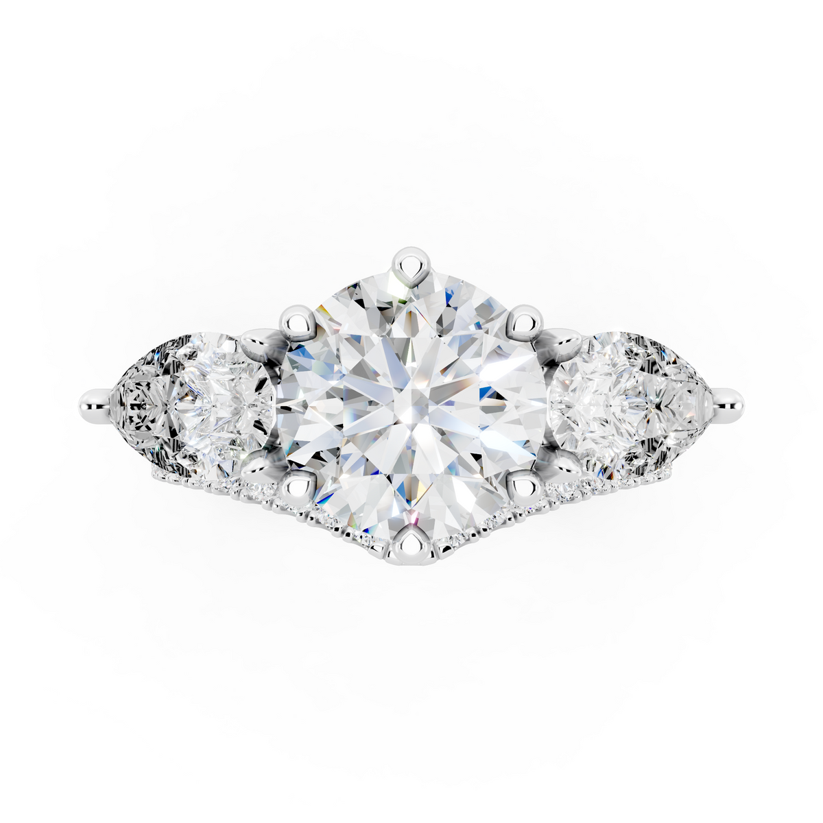 Three stone Ring with Pear shape sides and matching wedding ring.