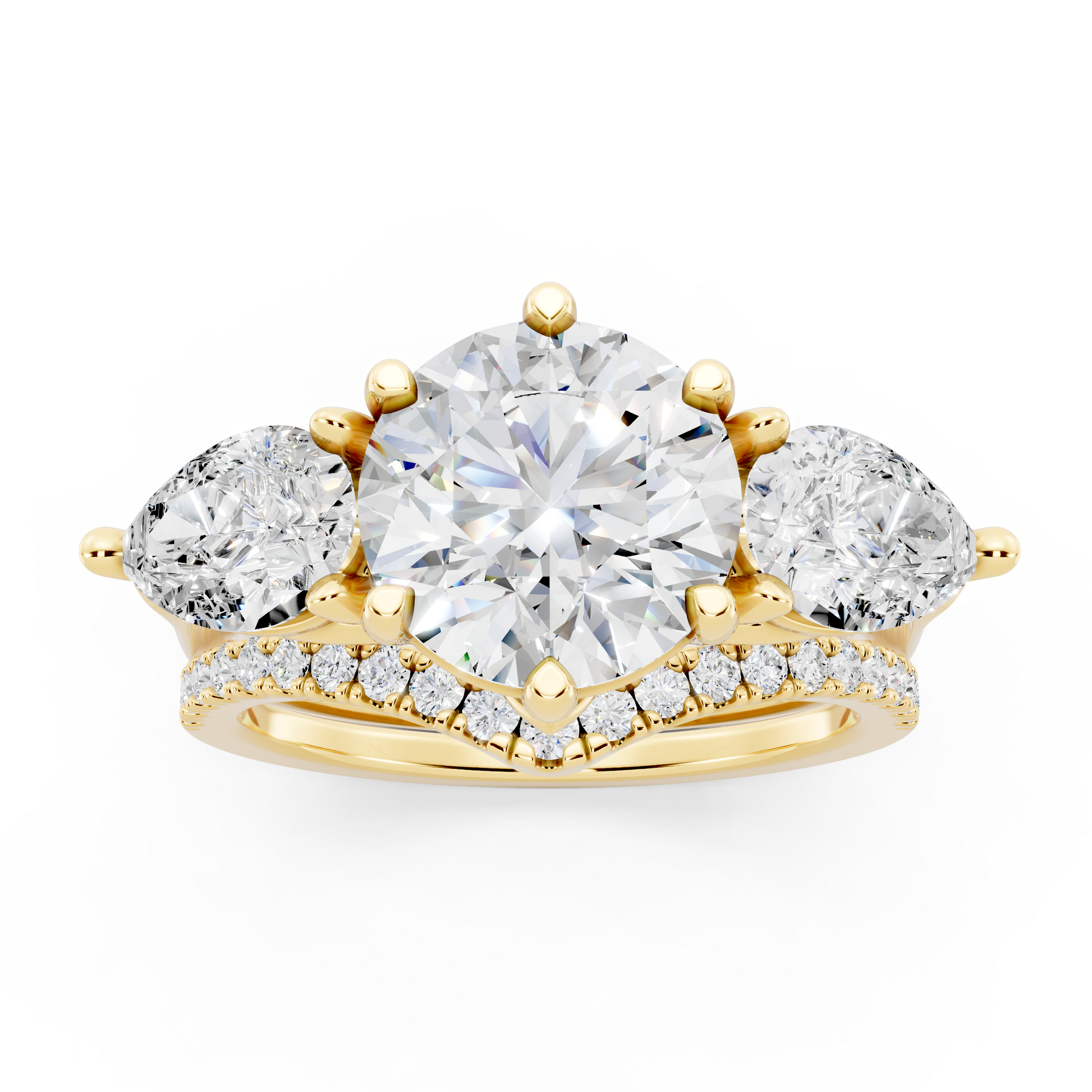 Three stone Ring with Pear shape sides and matching wedding ring.