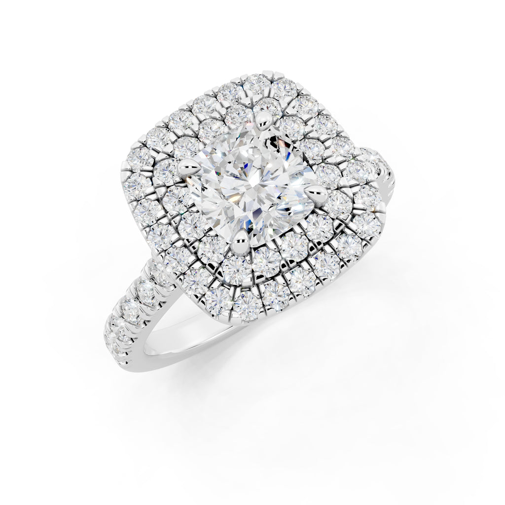 Customizable 1ct Lab Diamond Cushion cut Engagement Ring with double Halo