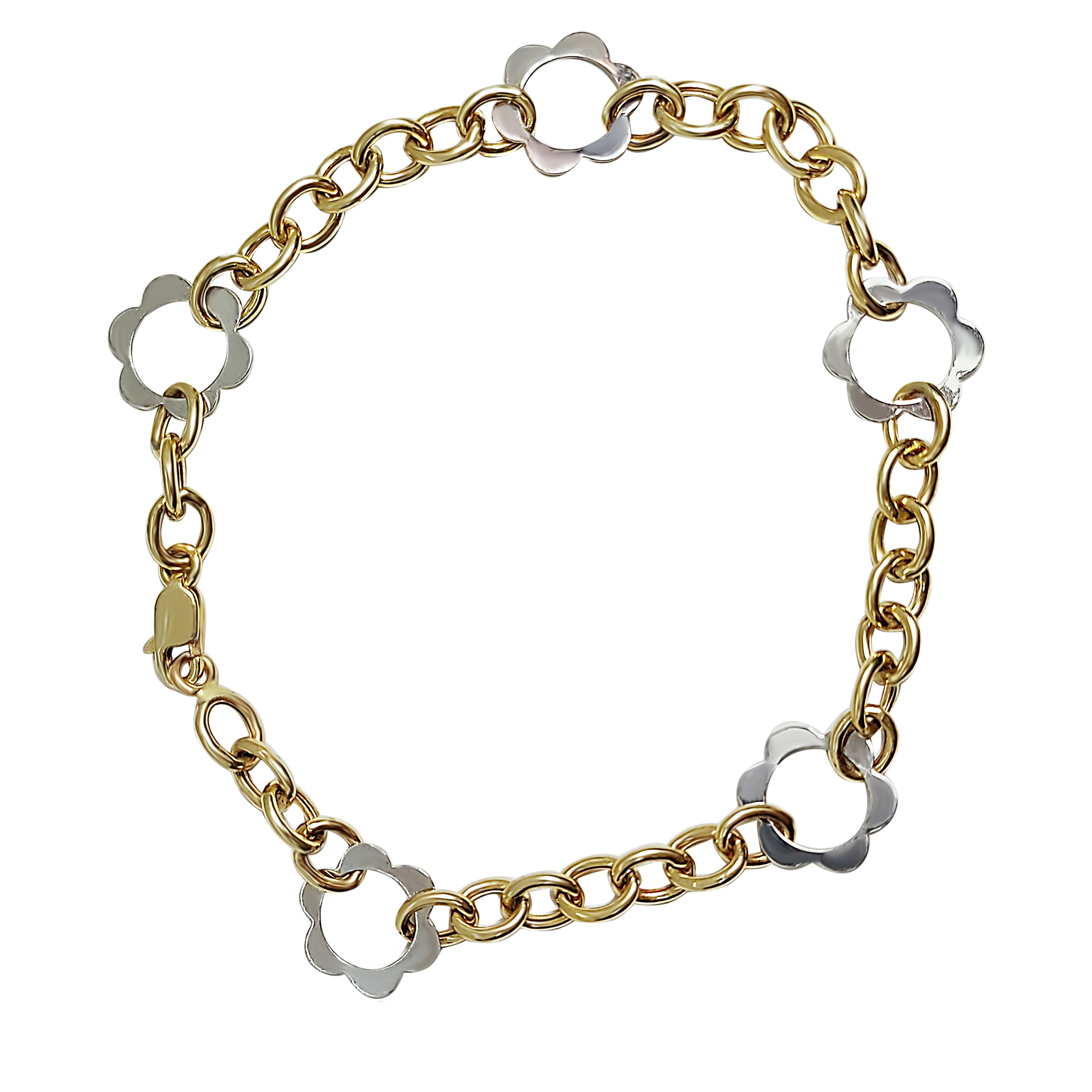 Bracelet en or 10 carats design Rolo avec pendentifs fleurs