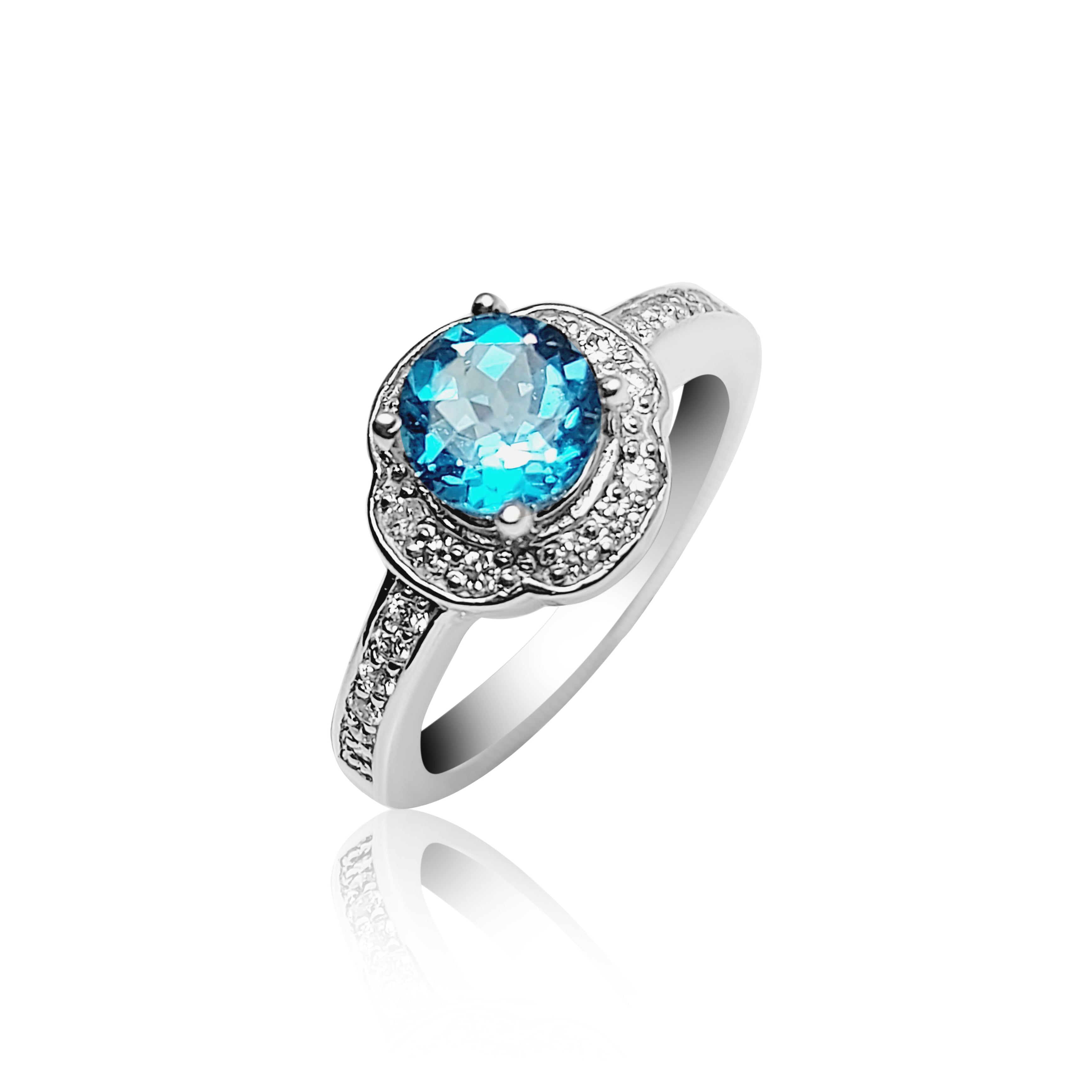 Bague de fiançailles Halo avec topaze bleue