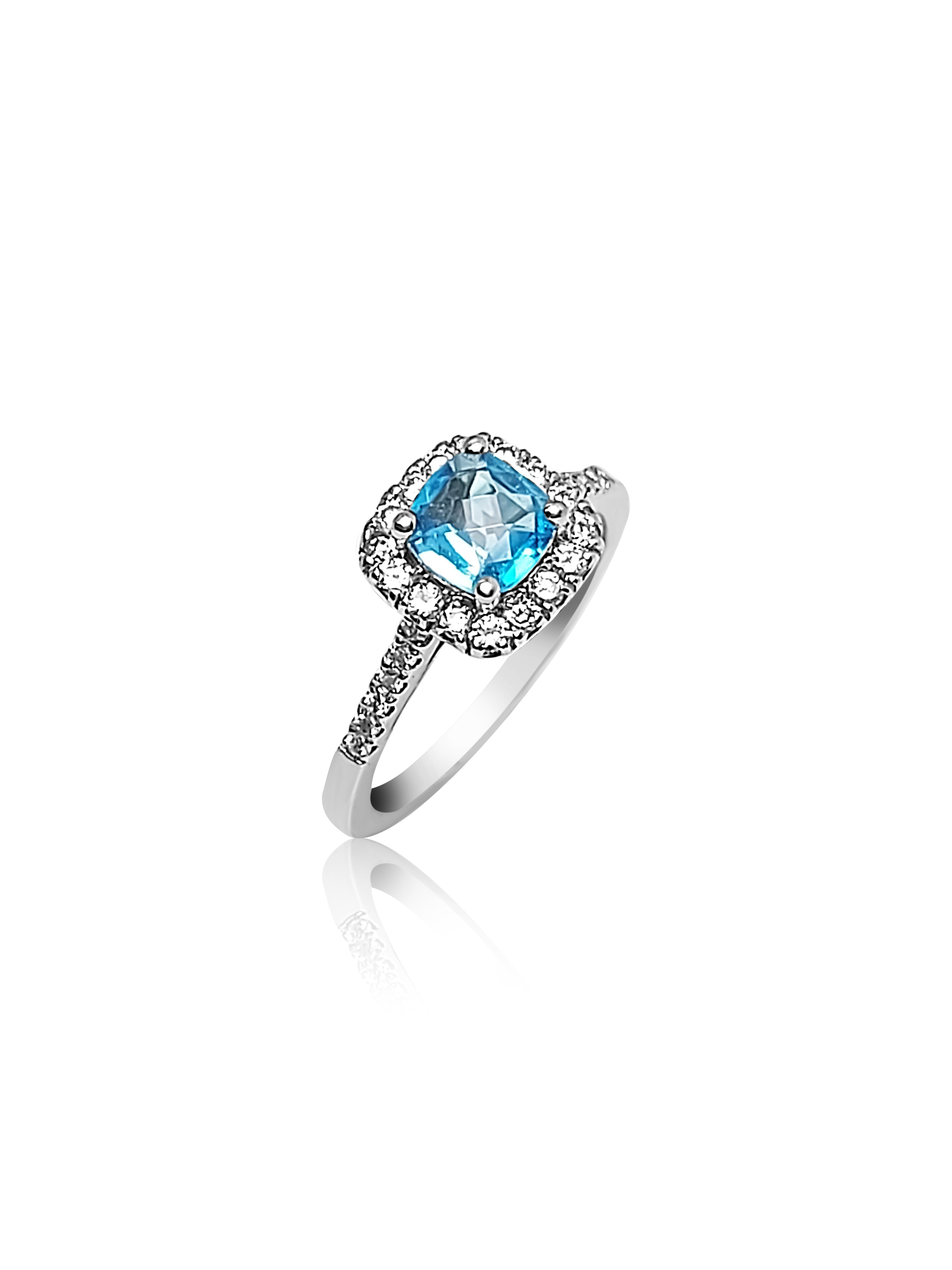 Halo Engagement Ring with Blue Topaz cushion cut stone