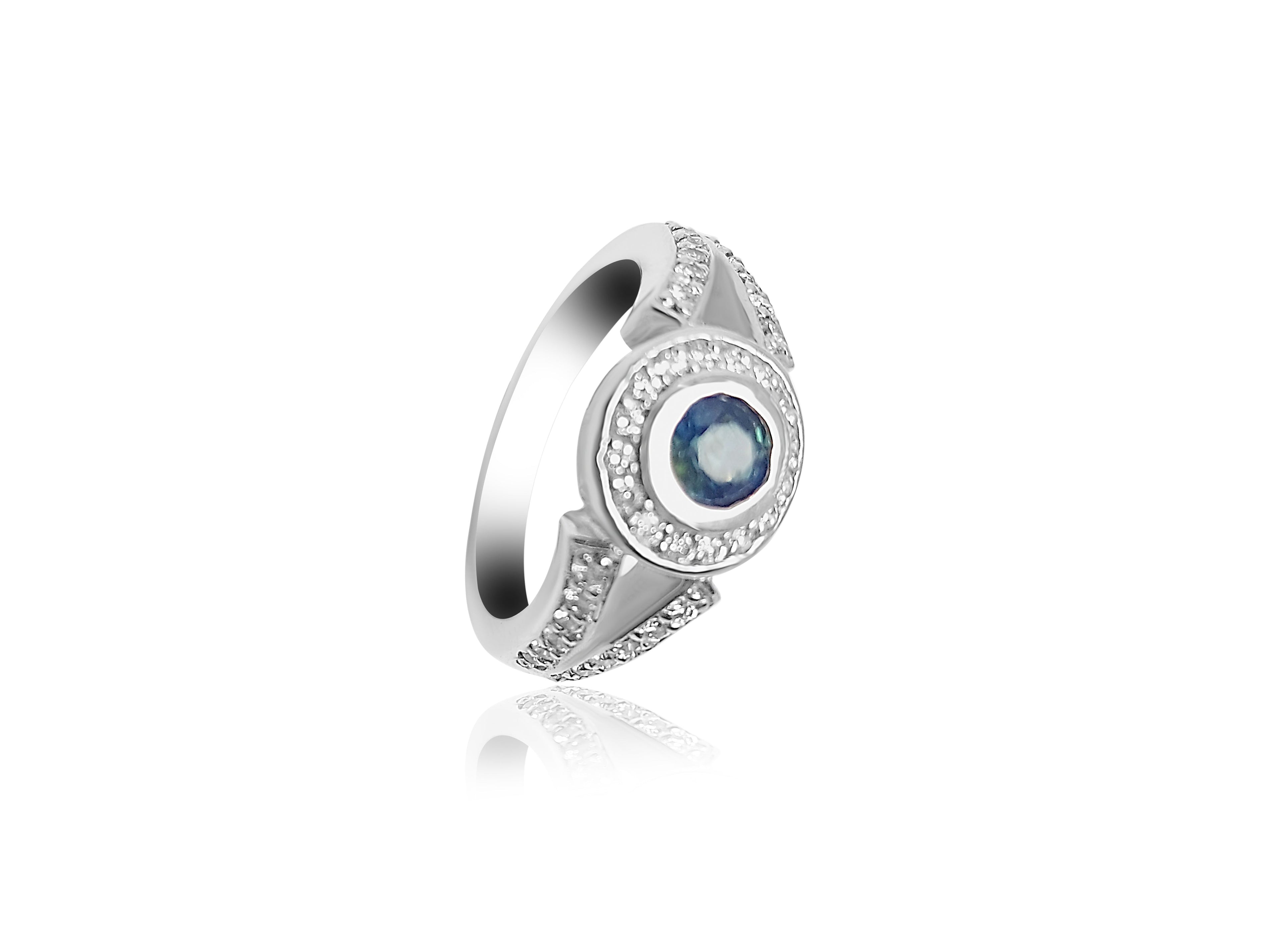 Bague de fiançailles auréole avec saphir bleu