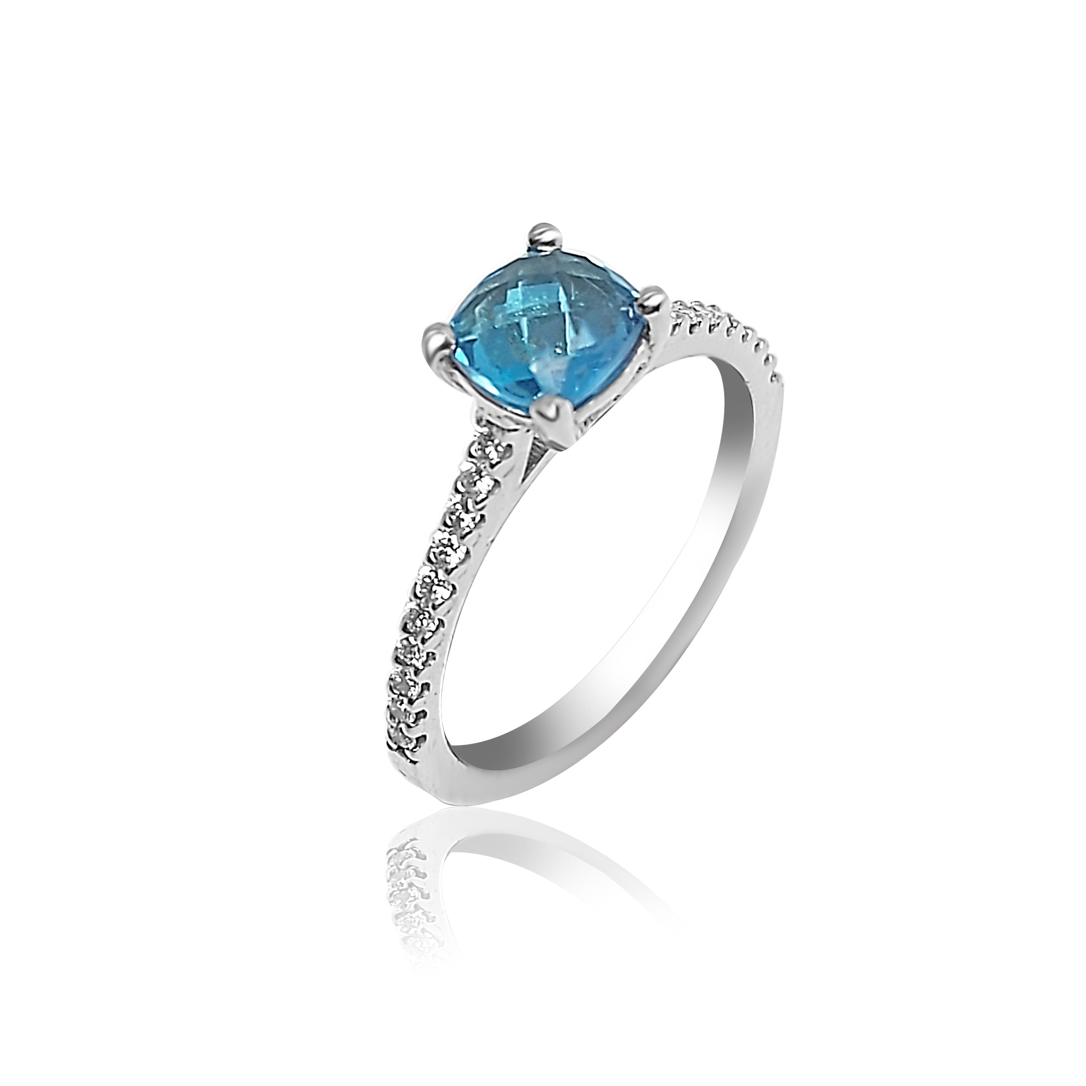 Pavé Engagement Ring with Blue Topaz stone and Round cut Diamonds