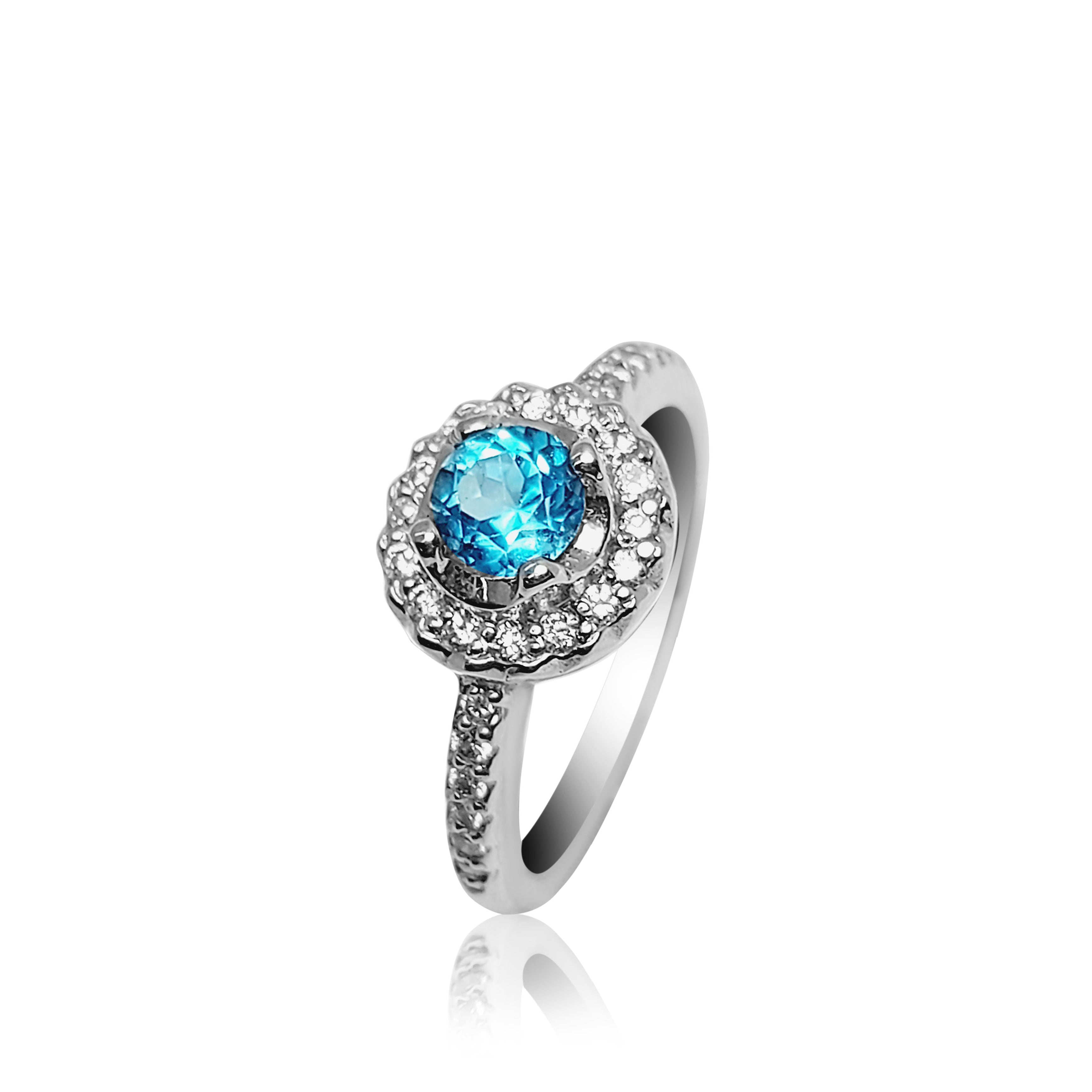 Halo Engagement Ring with blue topaz stone and side diamonds