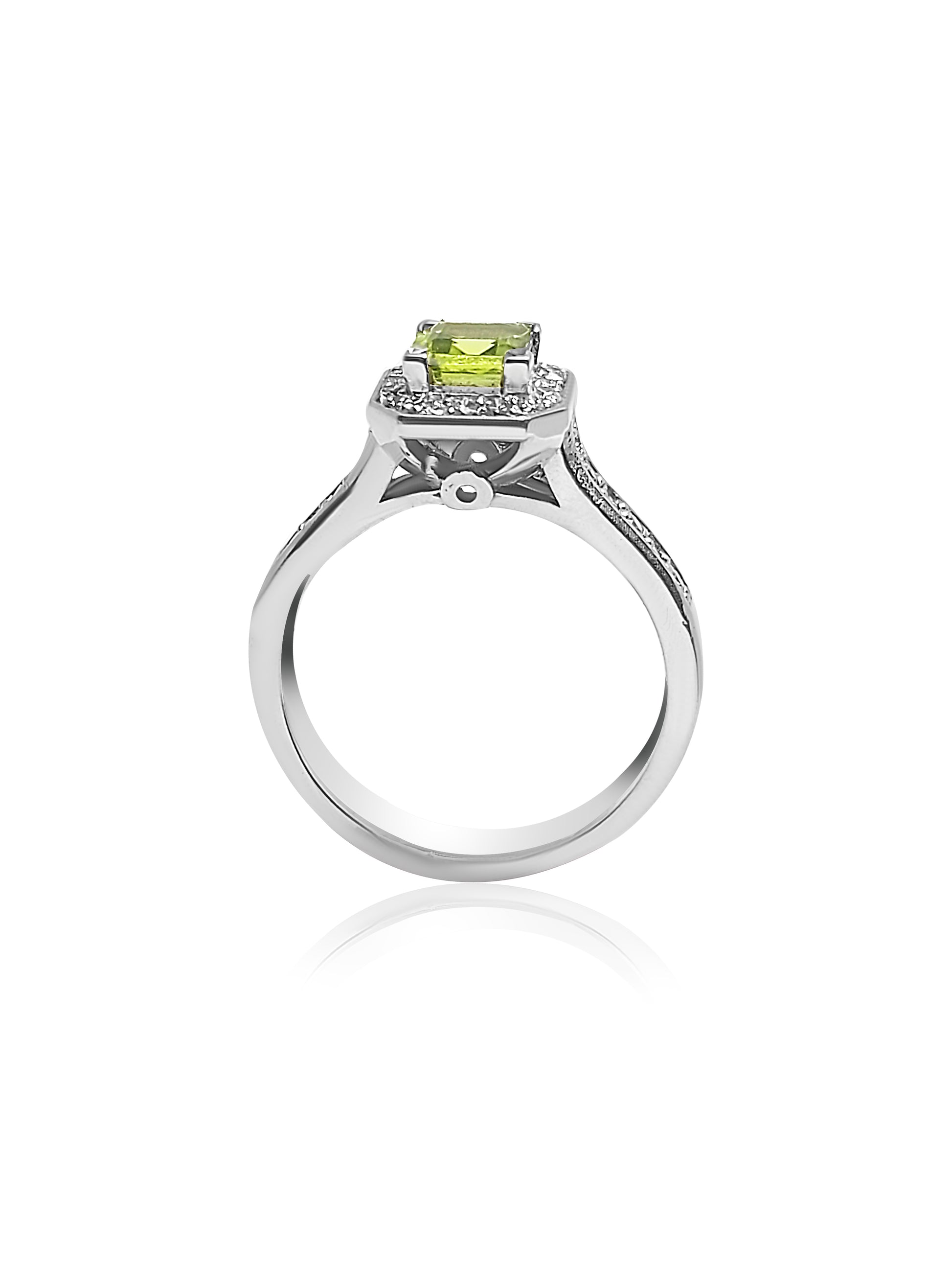 Halo Engagement Ring with Peridot stone and diamonds