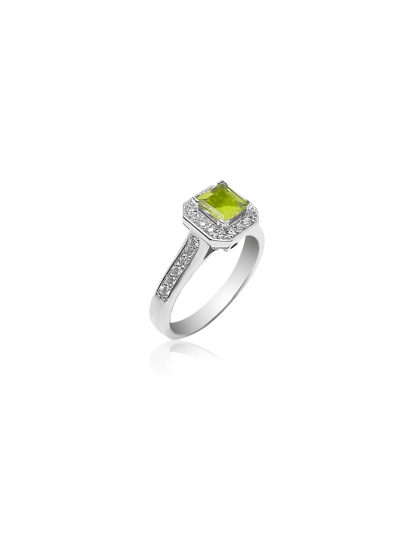 Halo Engagement Ring with Peridot stone and diamonds