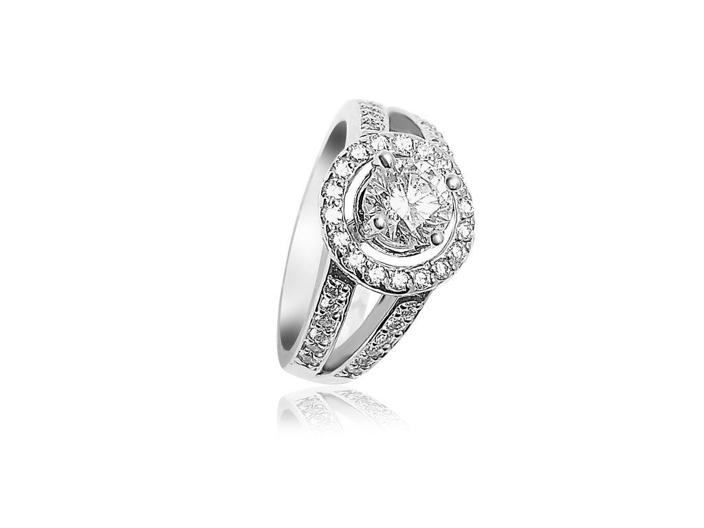 Halo and Split Shank Engagement Ring with 1.61ct Round cut Diamonds