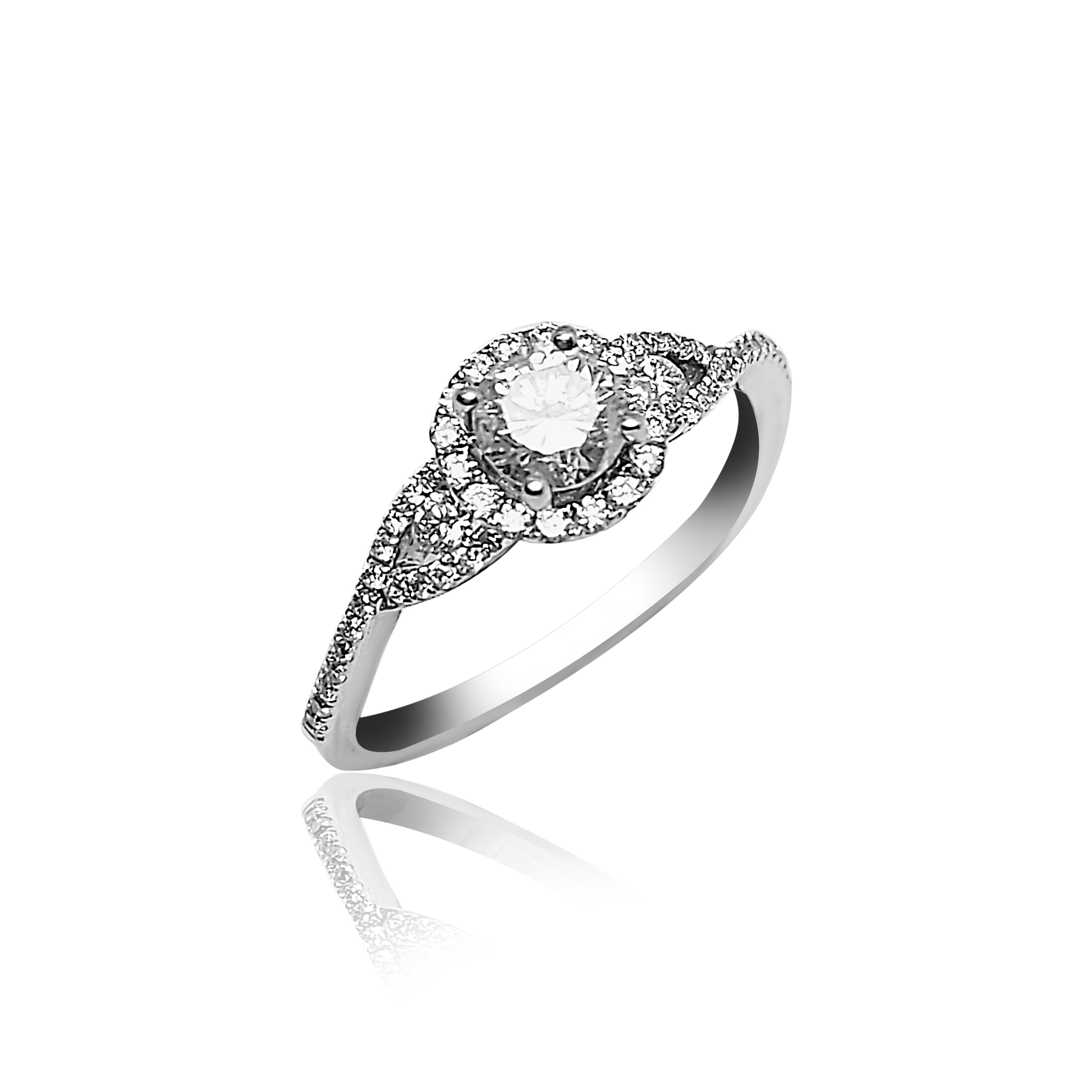 Titled 18k white gold engagement ring with a center diamond