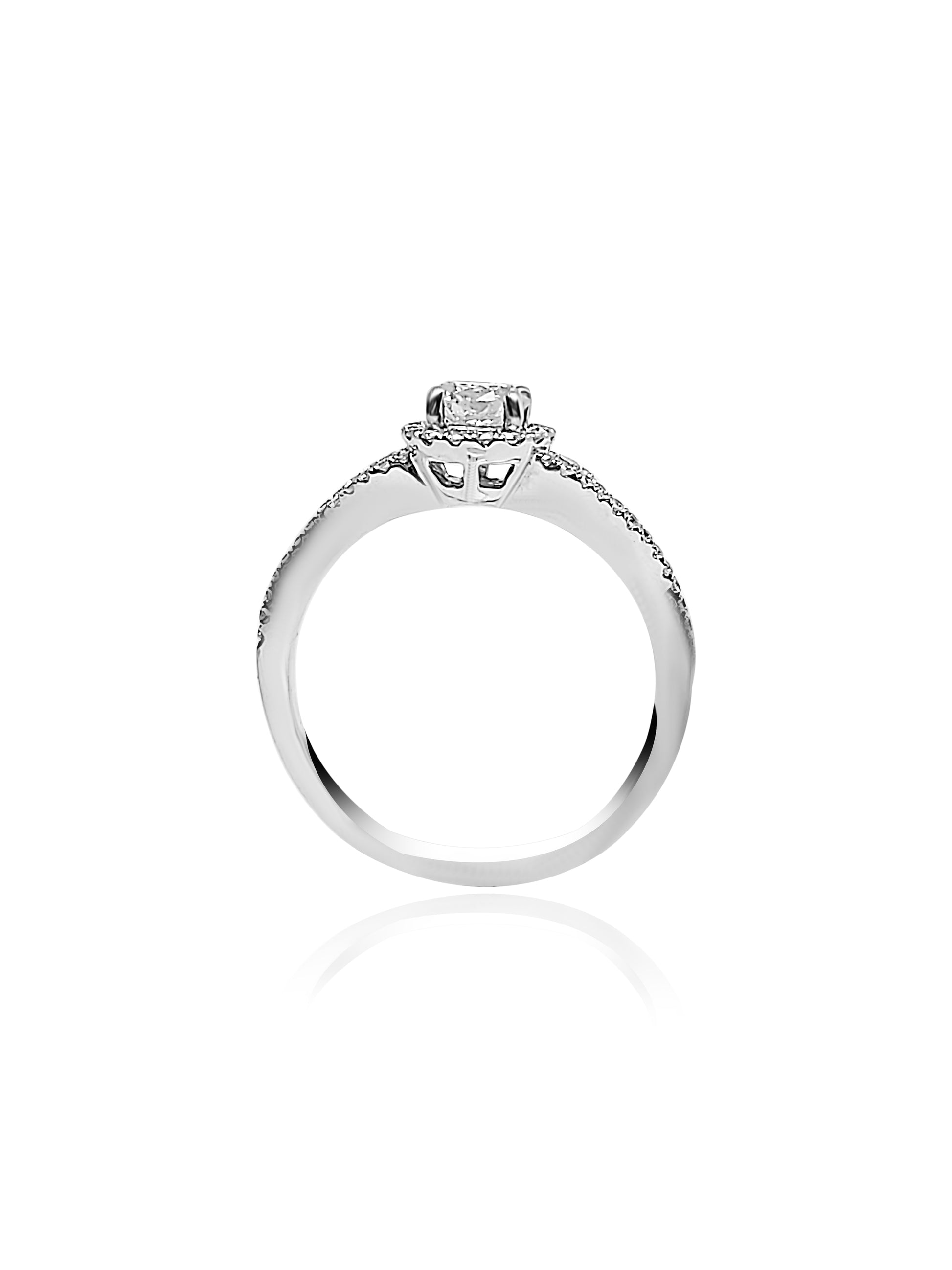 Standing 18k white gold engagement ring with a center diamond