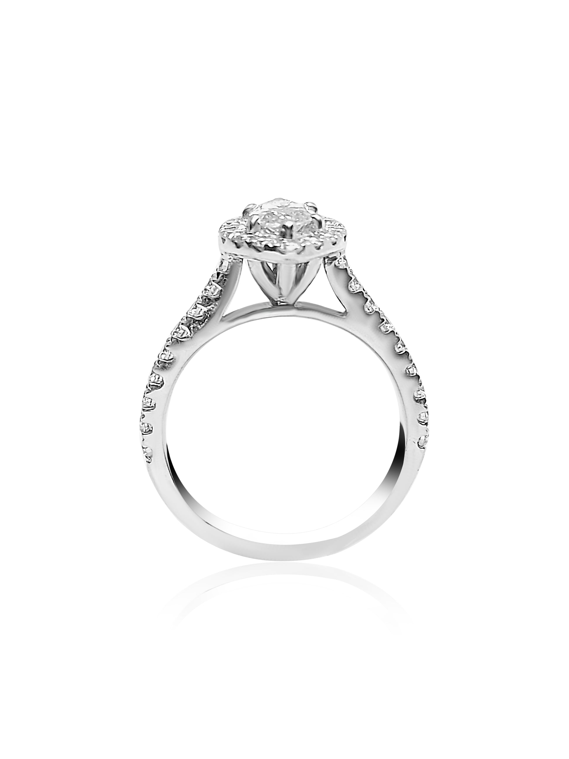 Standing 18k white gold engagement ring with a marquise-cut diamond