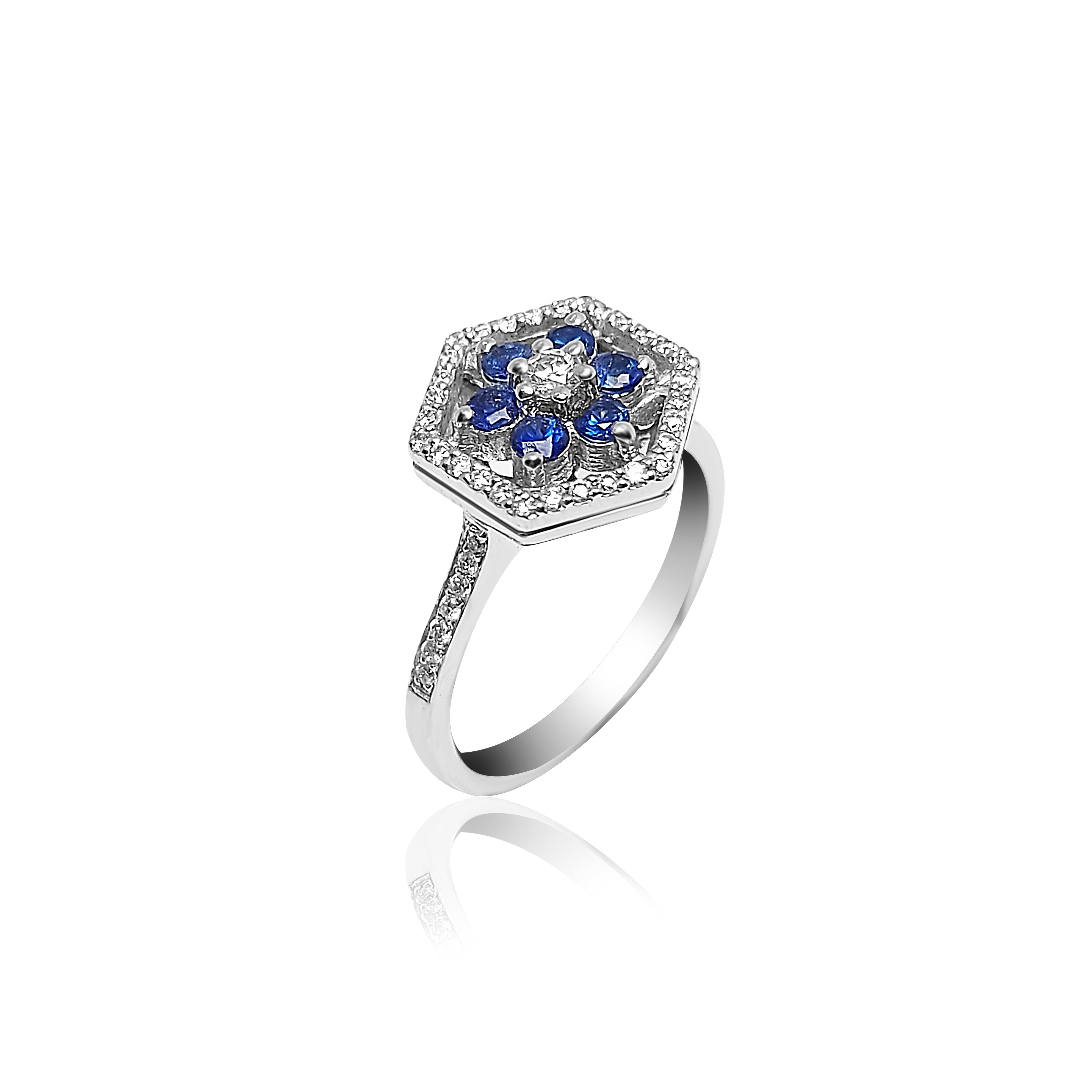Halo Engagement Ring with Sapphire and Diamonds