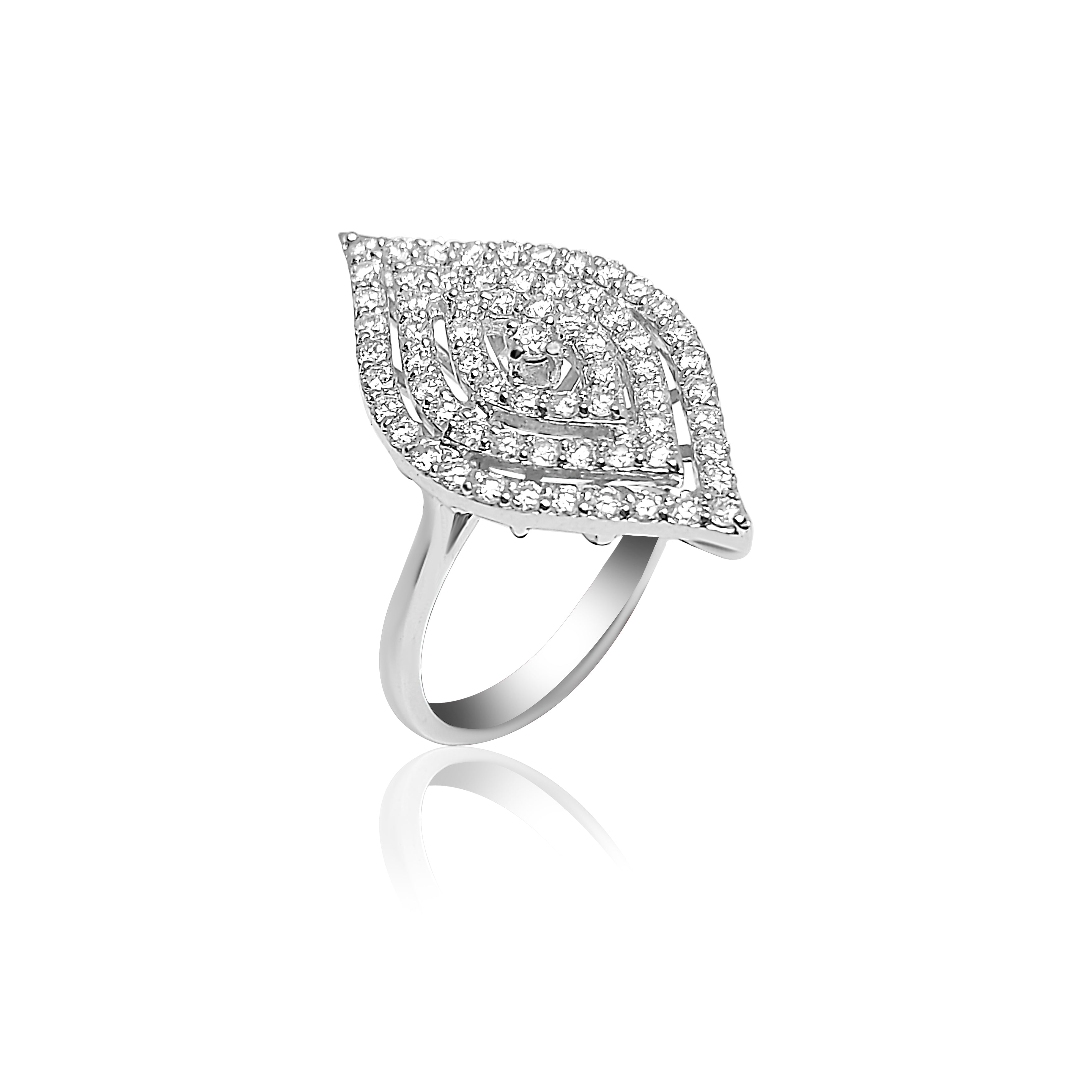 Titled 18k white gold engagement ring with eye design